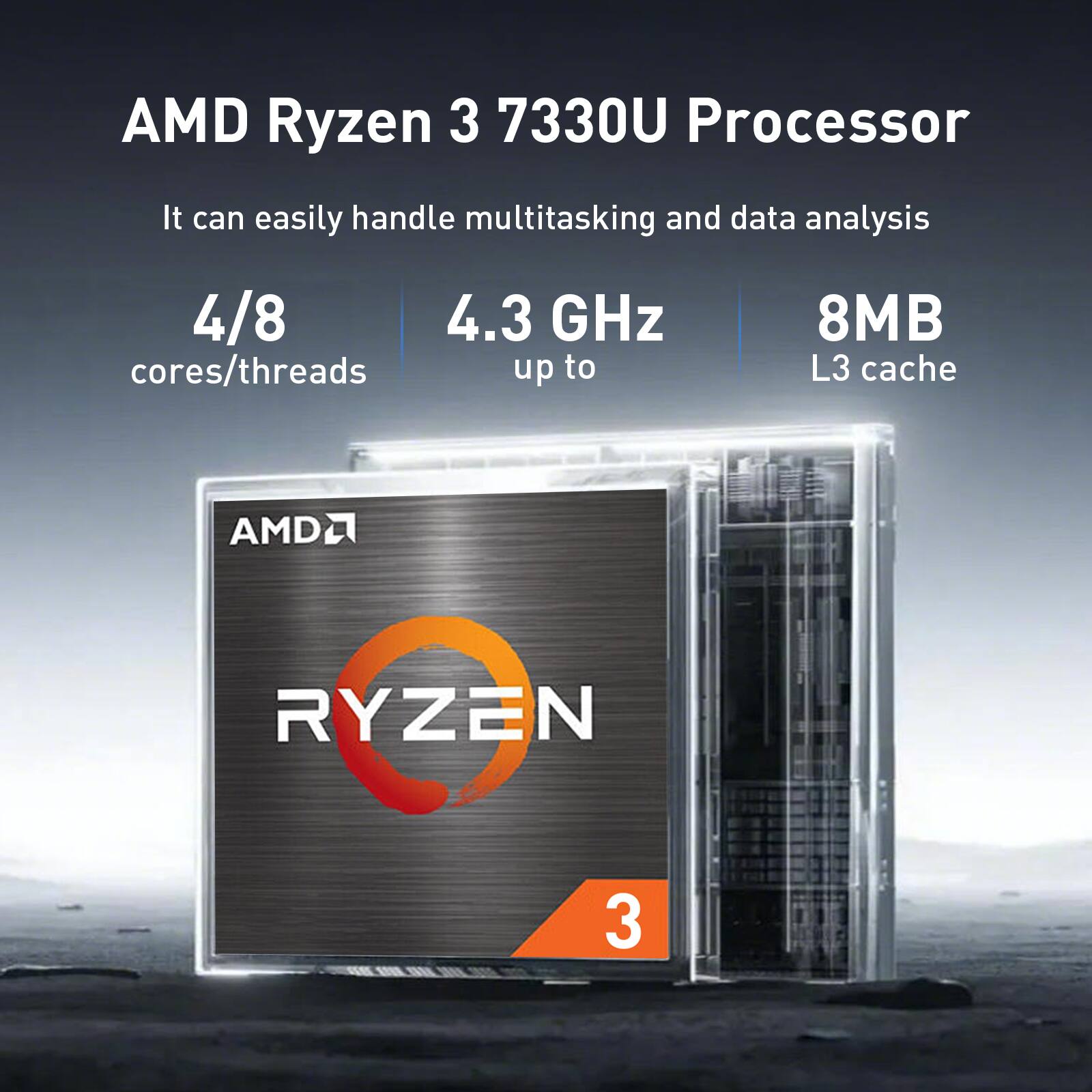 AMD Ryzen 3 7330U Processor

It can easily handle multitasking and data analysis

4/8 cores/threads

4.3 GHz up to

8MB L3 cache