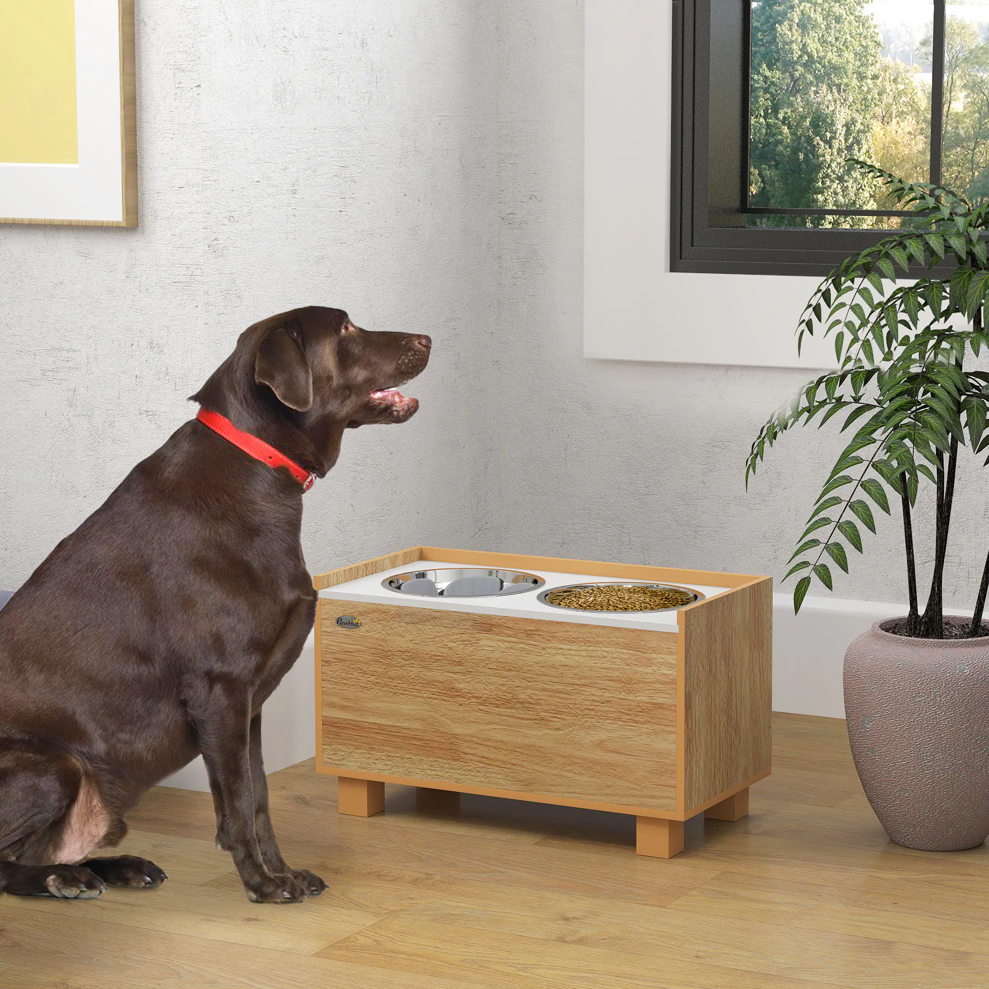 Angle. Pawhut - 14" H Elevated Bowls, Raised Bowl Stand Feeding Station with Feeder Bowl, 2 Food Bowls, Storage - Oak.