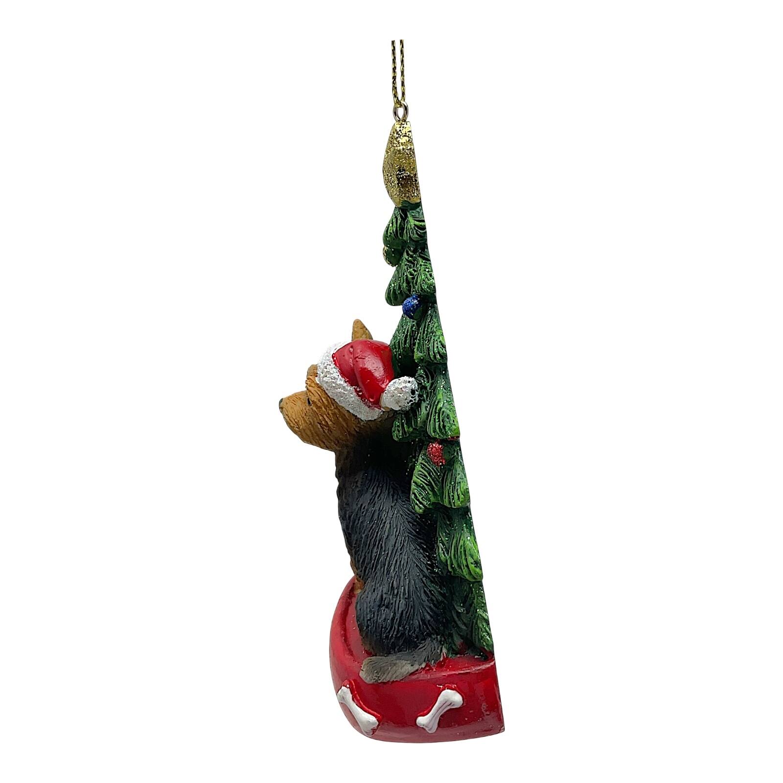 Angle. Kurt S Adler - Kurt Adler Yorkshire Terrier Dog with Santa Hat and Christmas Tree Resin Ornament 4.25 inch - Multicolor.