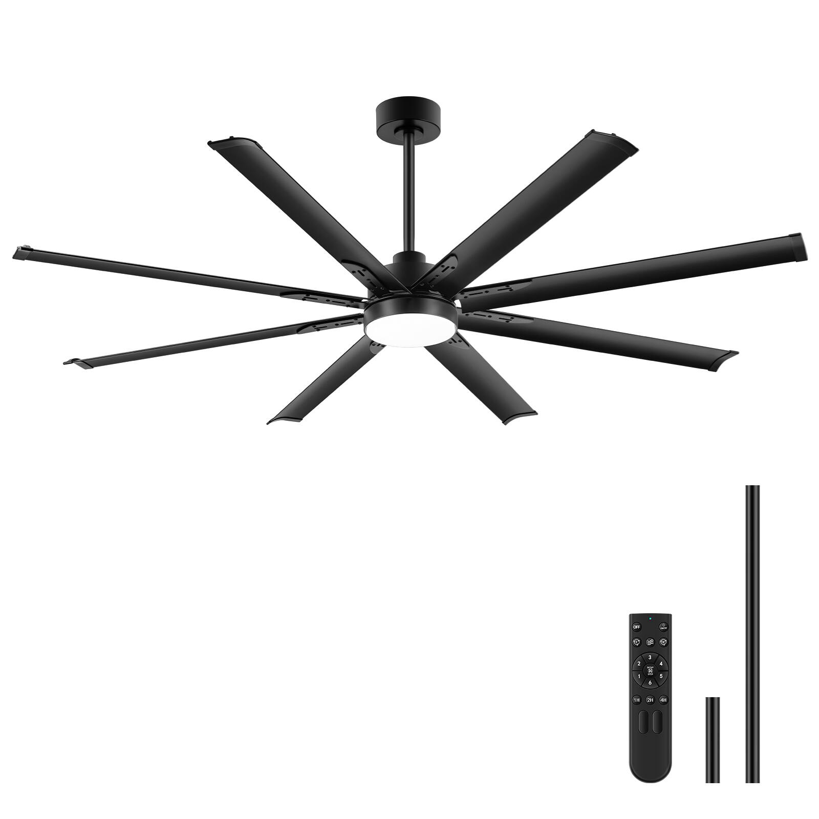 Angle. Breezary - 72-In Large Ceiling Fan with 8 Aluminum Blades, DC Motor, 6-Speed Remote with Timer, 2 Downrods, Light/No Light Option - Black (With Light).