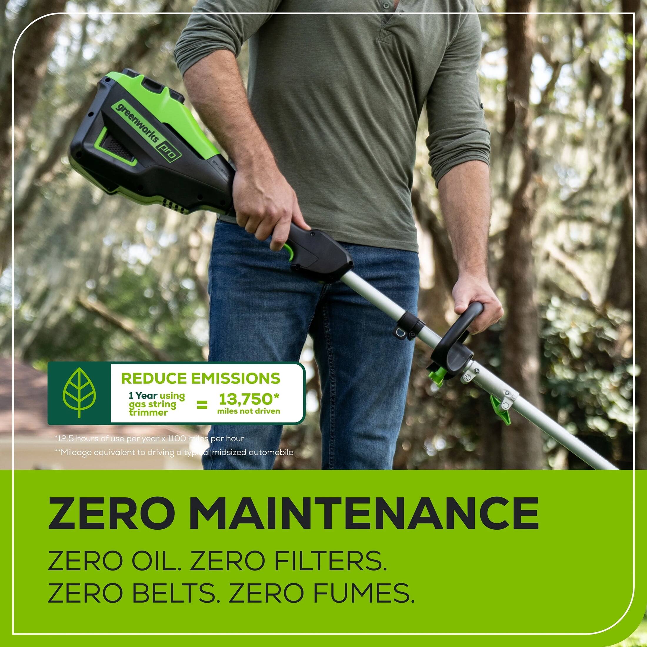 **REDUCE EMISSIONS**  
1 Year using gas string trimmer = 13,750* miles not driven  
12.5 hours of use per year x 1,000 miles per hour  
*Mileage equivalent to driving a type of midsize automobile  

**ZERO MAINTENANCE**  
ZERO OIL. ZERO FILTERS. ZERO BELTS. ZERO FUMES.