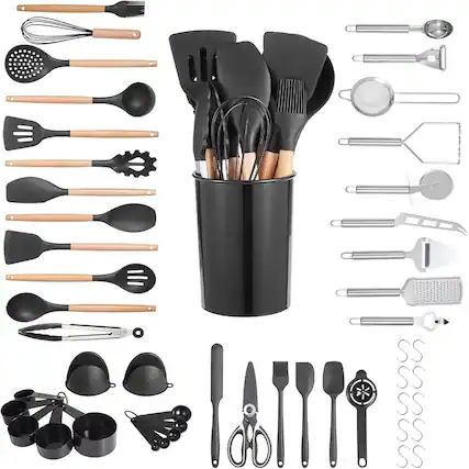Front. RTMB - Kitchen Cooking Utensils Set, 50 Silicone Spatulas with Holder - 50PCS Black.