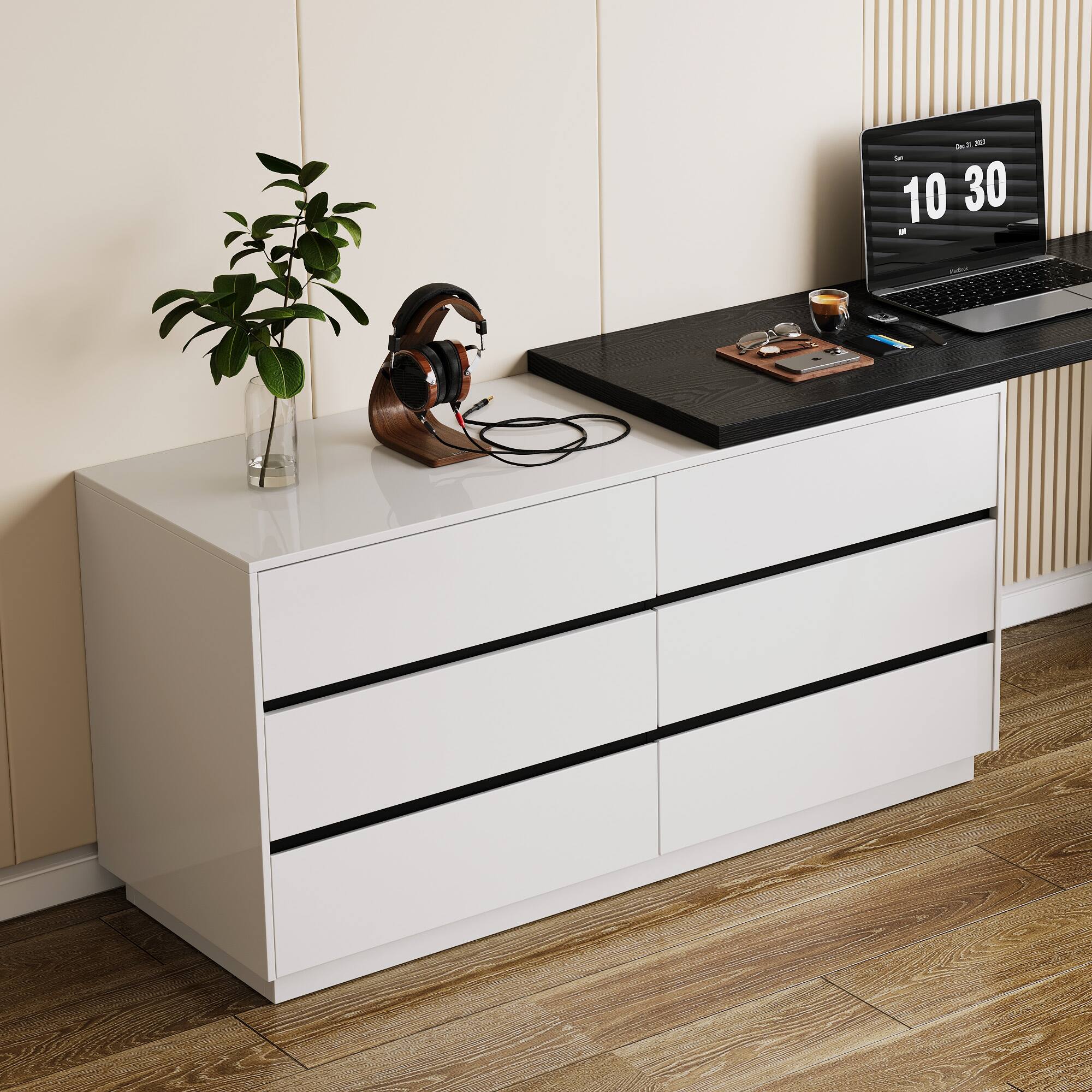 Alt View 1. luck idea - Modern Extendable Desk with 6-Drawer Storage, Reversible Left/Right Setup, Writing Desk for Home Office or Bedroom - Black.