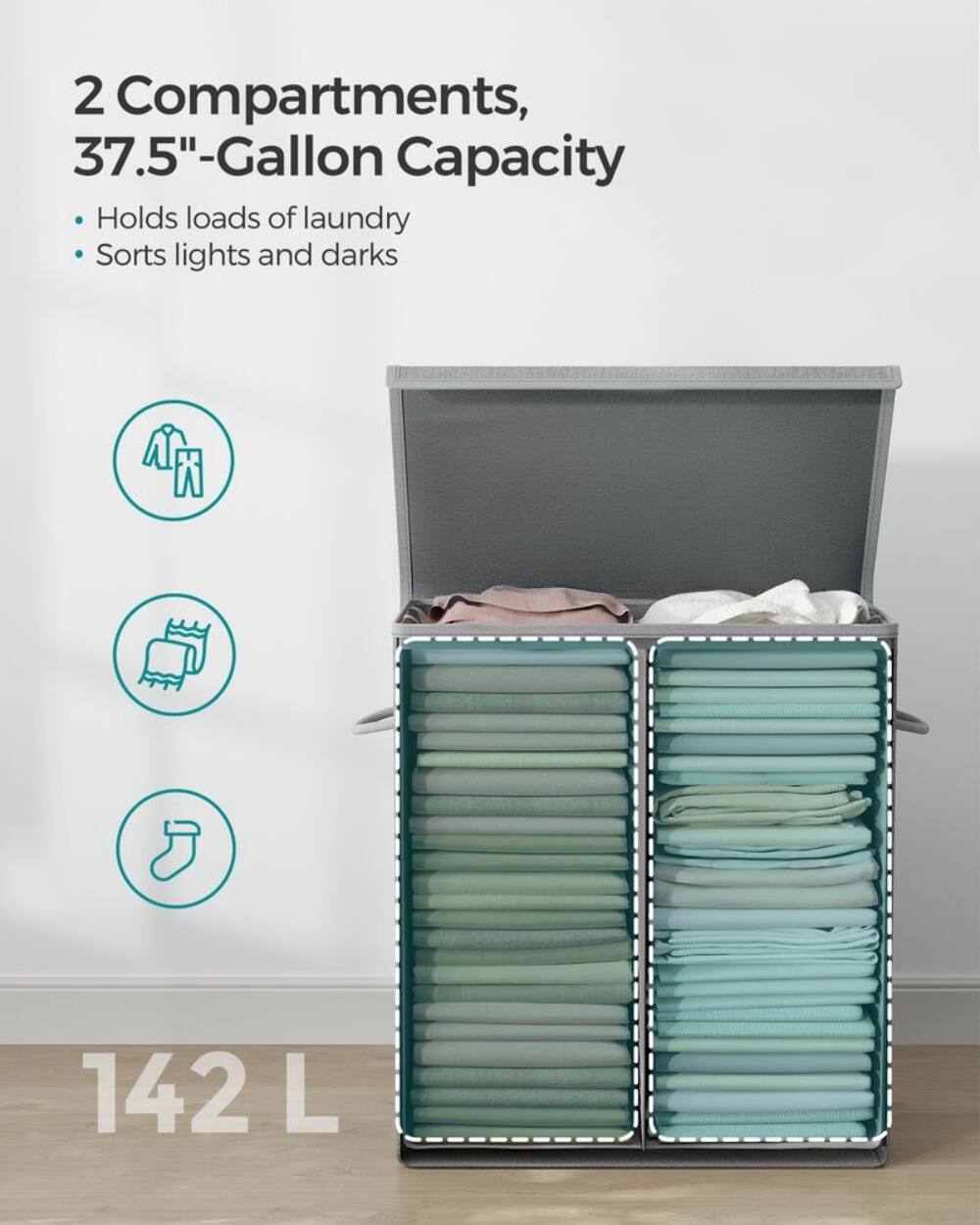 2 Compartments, 37.5"-Gallon Capacity  
- Holds loads of laundry  
- Sorts lights and darks  

142 L