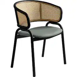 LeisureMod - Ervilla Modern Rattan Dining Chair, Leather Upholstered Kitchen Side Accent Chair with Black Metal Frame - Gray
