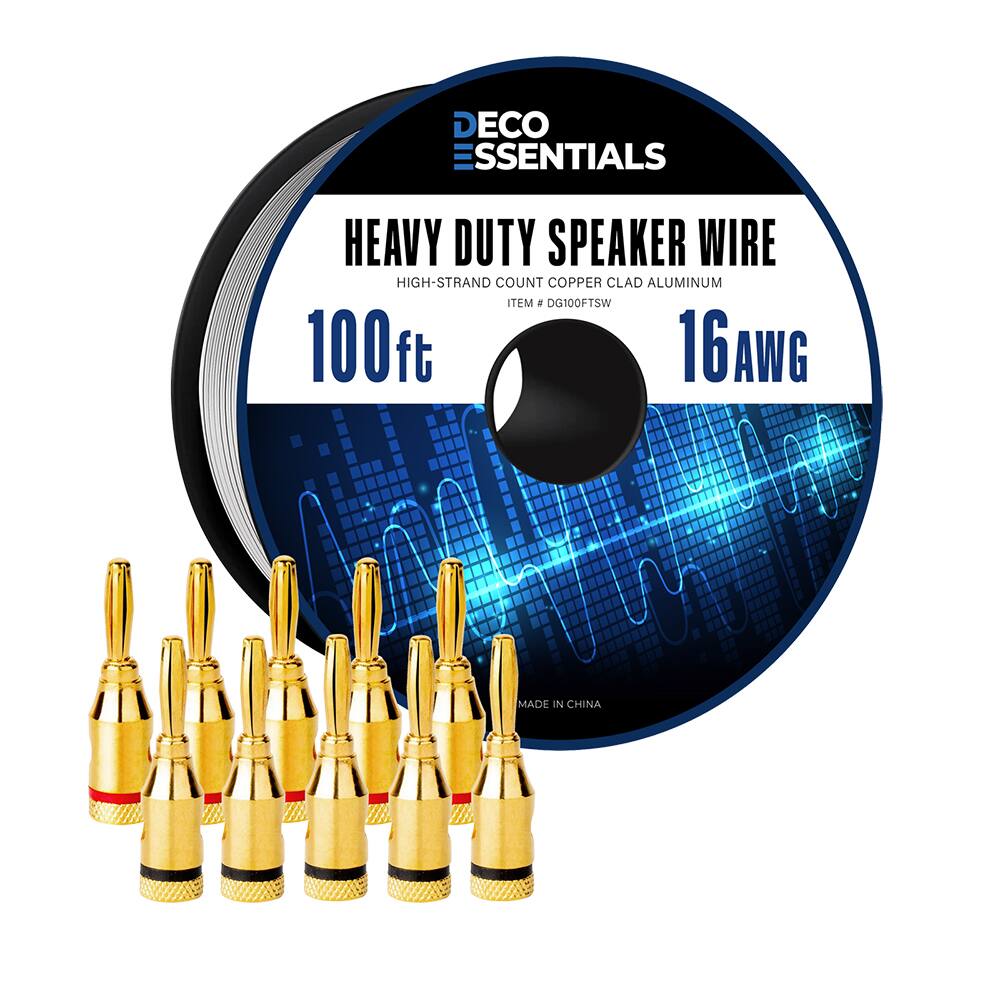 DECO ESSENTIALS HEAVY DUTY SPEAKER WIRE HIGH-STRAND COUNT COPPER CLAD ALUMINUM TEM. DG100FTSW 100 ft 16AWG MADE IN CHINA