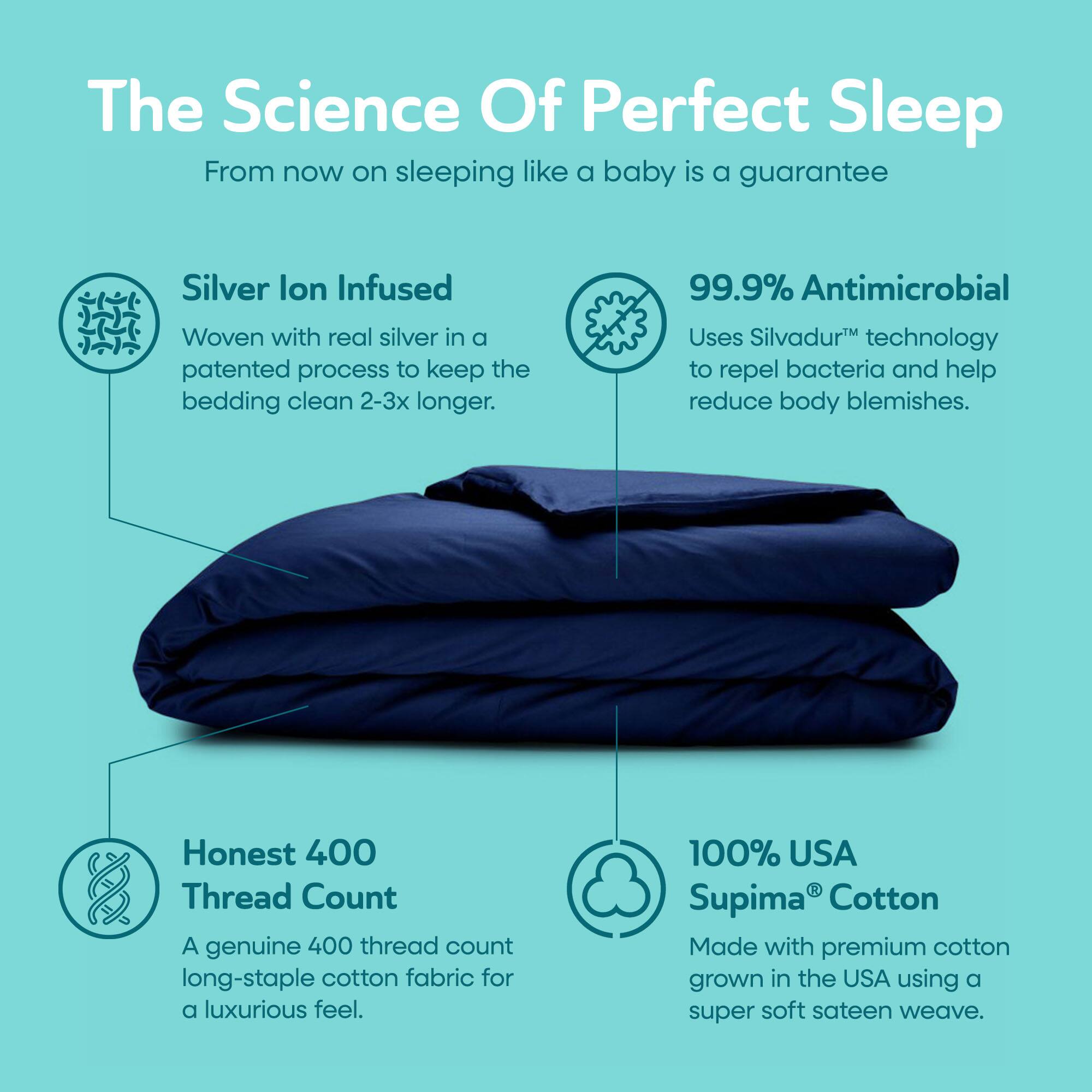 The Science Of Perfect Sleep  
From now on sleeping like a baby is a guarantee

Silver Ion Infused  
Woven with real silver in a patented process to keep the bedding clean 2-3x longer.

99.9% Antimicrobial  
Uses Silvadur™ technology to repel bacteria and help reduce body blemishes.

Honest 400 Thread Count  
A genuine 400 thread count long-staple cotton fabric for a luxurious feel.

100% USA Supima® Cotton  
Made with premium cotton grown in the USA using a super soft sateen weave.