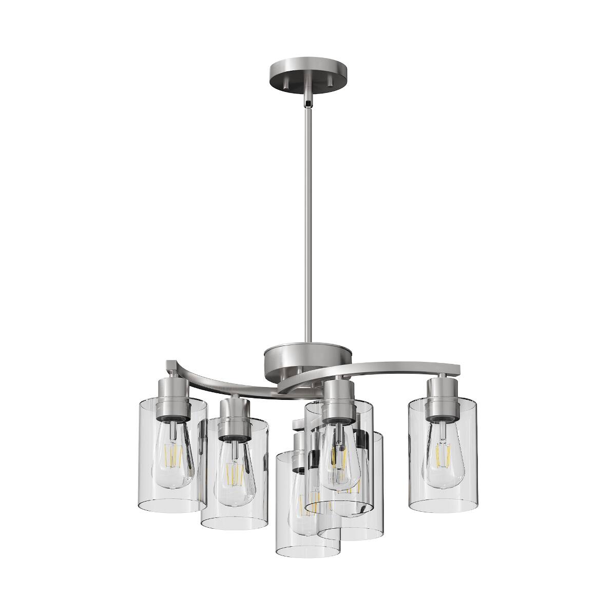 Alt View 4. Loheer - Loheer 6 Light Chandelier, Brushed Nickel with Clear Glass Shades, Adjustable for Dining Rooms.