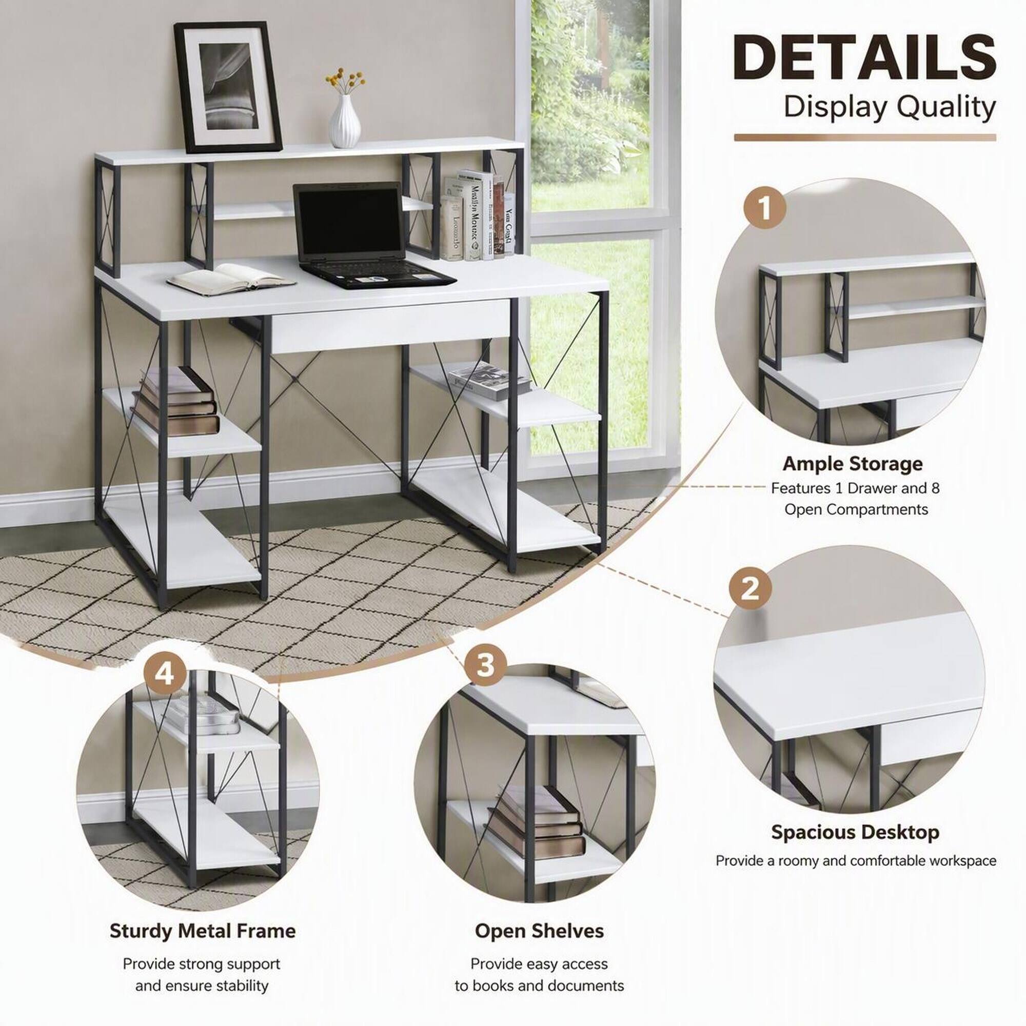 RYHNUYNE White, Black Office Desk, 47.5 in Wide Metal Sled Base, Open ...