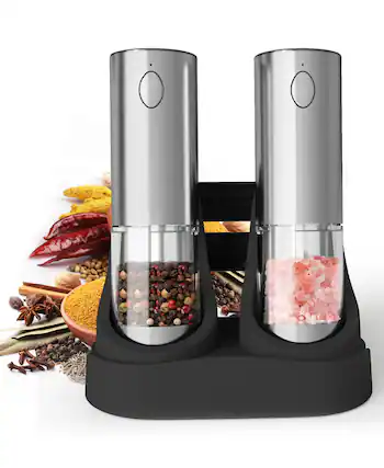 Front. Sugift - Electric Salt and Pepper Grinder Set with Charging Base, Stainless Steel Adjustable Mills - Silver.