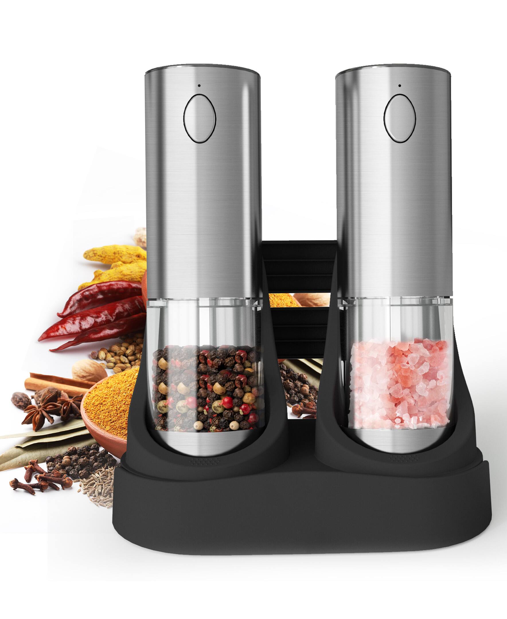 Front. Sugift - Electric Salt and Pepper Grinder Set with Charging Base, Stainless Steel Adjustable Mills - Silver.