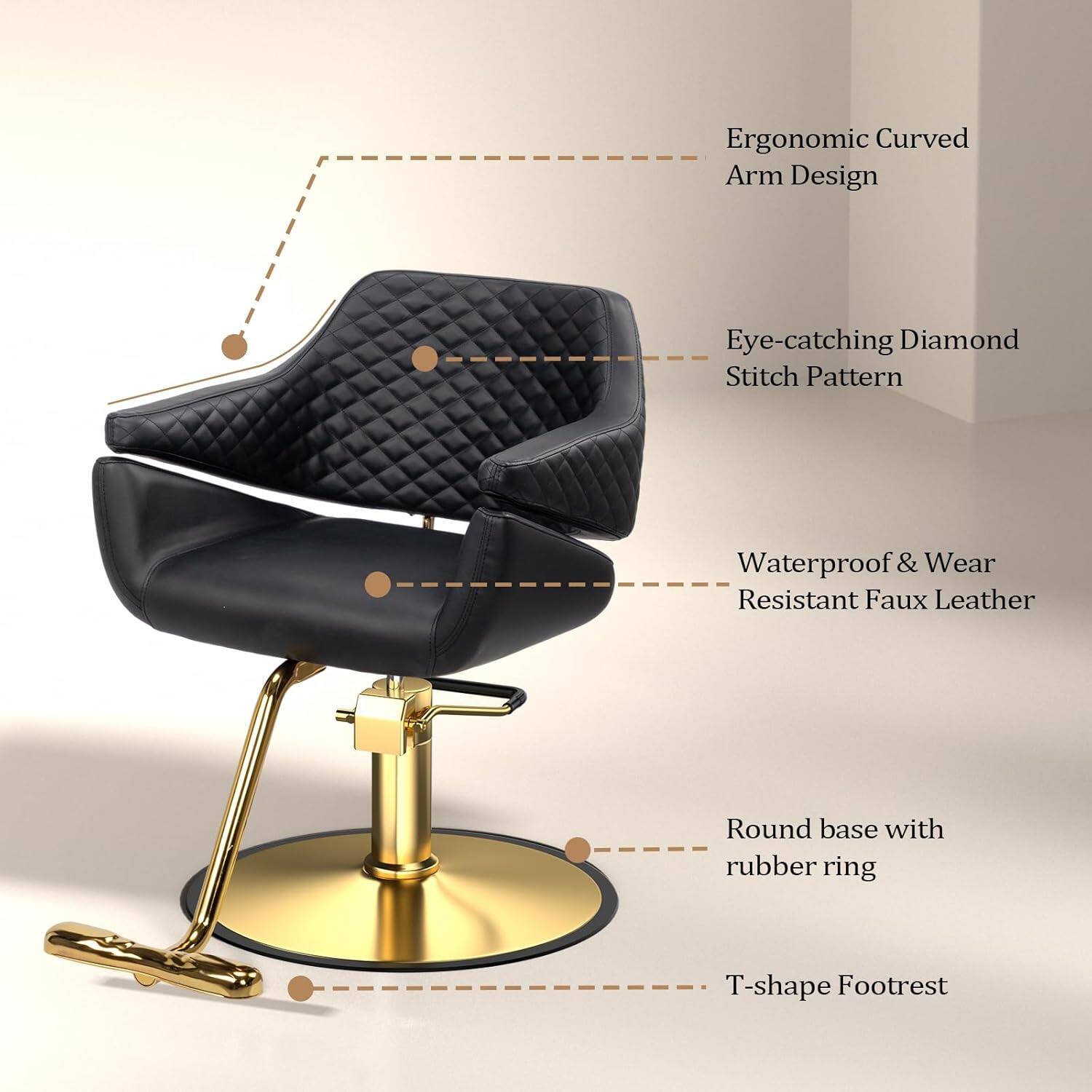 Ergonomic Curved Arm Design  
Eye-catching Diamond Stitch Pattern  
Waterproof & Wear Resistant Faux Leather  
Round base with rubber ring  
T-shape Footrest