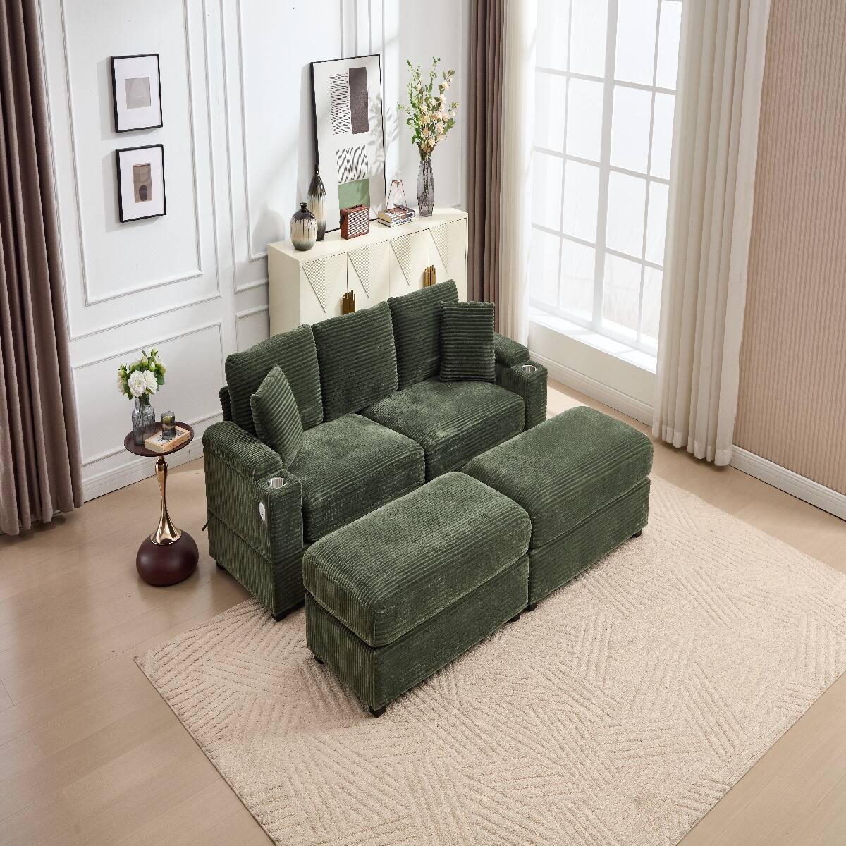 Alt View 6. Ropilly - Ropilly Modular Sectional Sofa, Deep Seat Convertible Sofa Bed, Green Corduroy Upholstered 4 Seat Couch - Green.