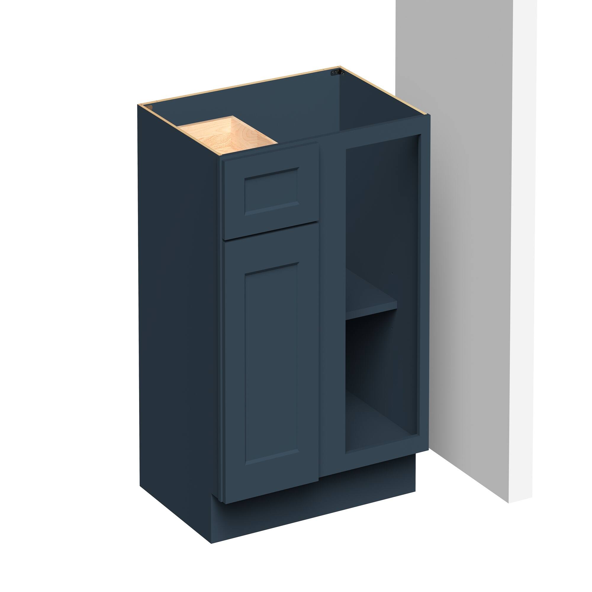 Angle. Boyel Living - 33-in W x 34.5-in H x 24-in D Shaker RTA Kitchen Blind Corner Base Cabinet with Soft-Close - Charcoal Blue.