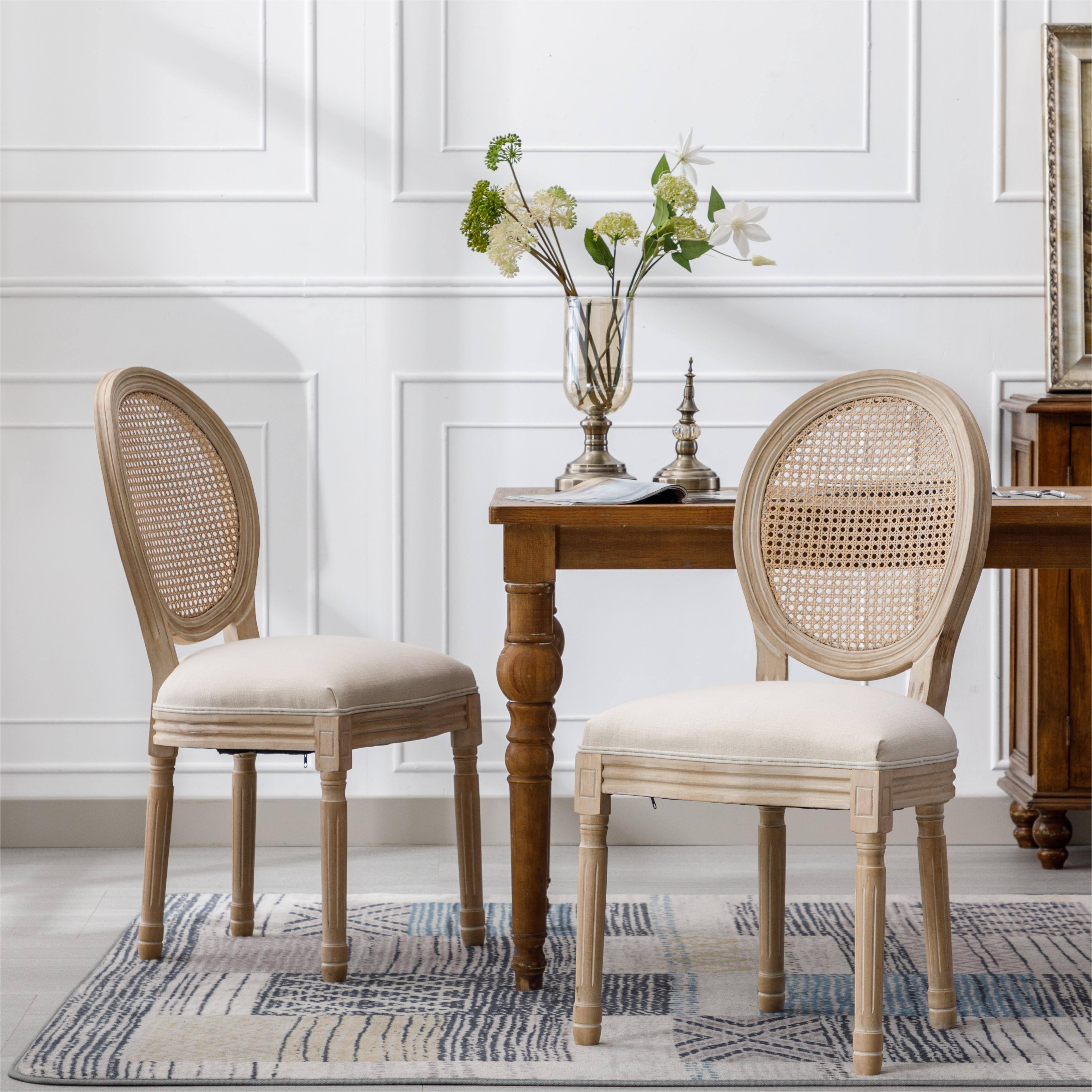 Front. Boyel Living - Cream French Style Solid Wood Frame Linen Fabric Rattan Back Dining Chair Set of 2 - Beige.