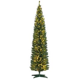 PULUZ - 8ft Pencil Christmas Tree, Slim Artificial Christmas Tree with Realistic Branches and Warm White LED Lights - Green