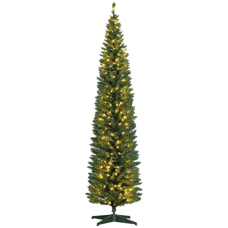 PULUZ - 8ft Pencil Christmas Tree, Slim Artificial Christmas Tree with Realistic Branches and Warm White LED Lights - Green