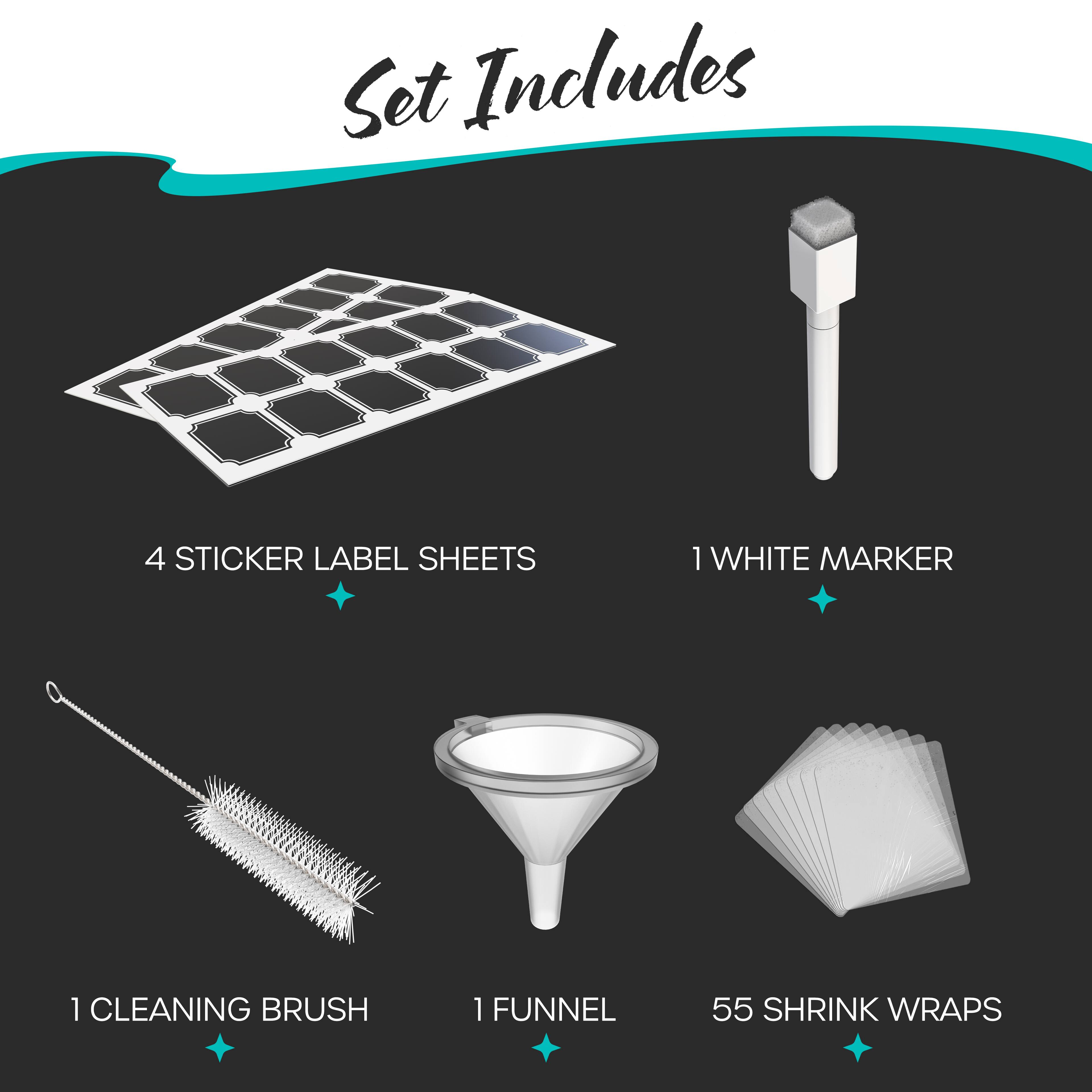 Set Includes

- 4 Sticker Label Sheets
- 1 White Marker
- 1 Cleaning Brush
- 1 Funnel
- 55 Shrink Wraps