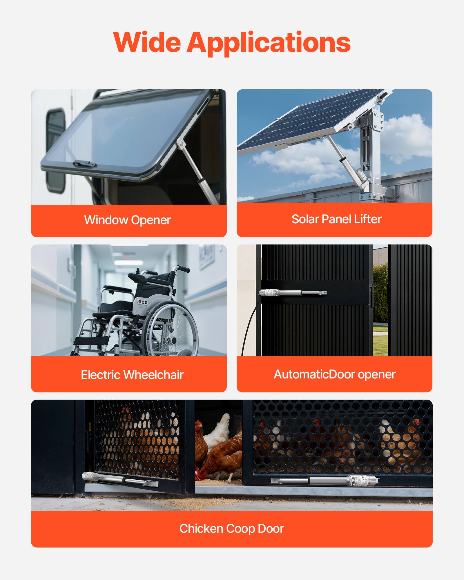 Wide Applications

- Window Opener
- Solar Panel Lifter
- Electric Wheelchair
- Automatic Door Opener
- Chicken Coop Door