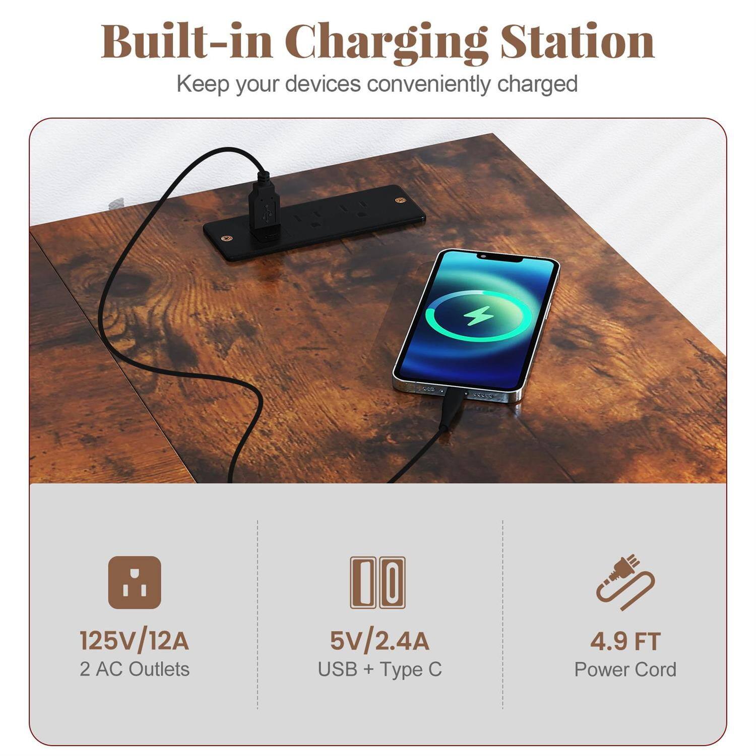 Built-in Charging Station  
Keep your devices conveniently charged

125V/12A  
2 AC Outlets

5V/2.4A  
USB + Type C

4.9 FT  
Power Cord