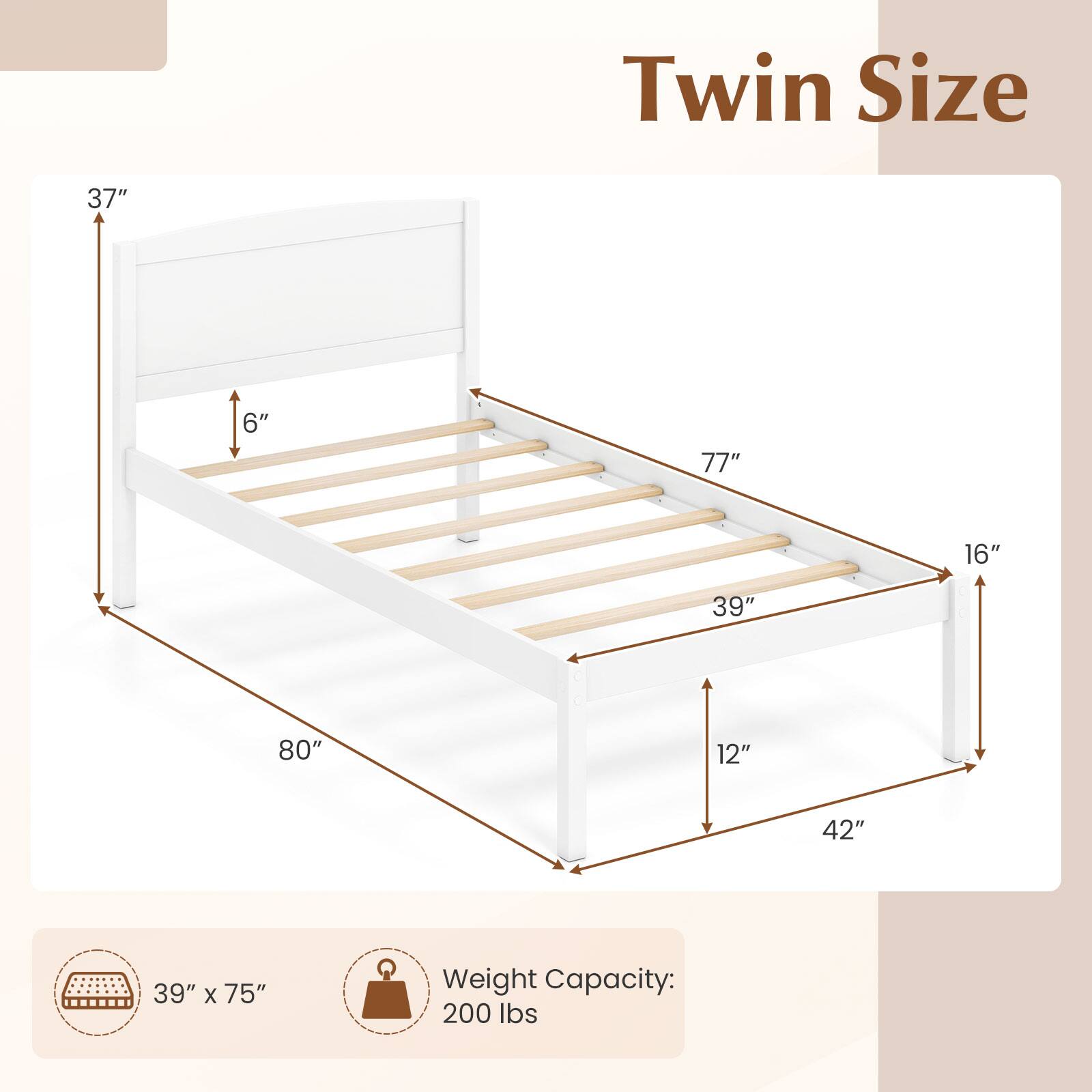 Twin Size

37"
6"
77"
16"
39"
80"
12"
42"

39" x 75"

Weight Capacity: 200 lbs