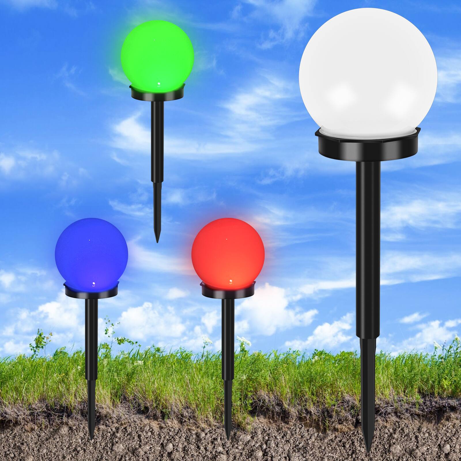 Left. Oumilen - 4-Pack Solar Globe Stake Lights 3.94In RGB Color Changing LED Outdoor Garden Ball Lights.
