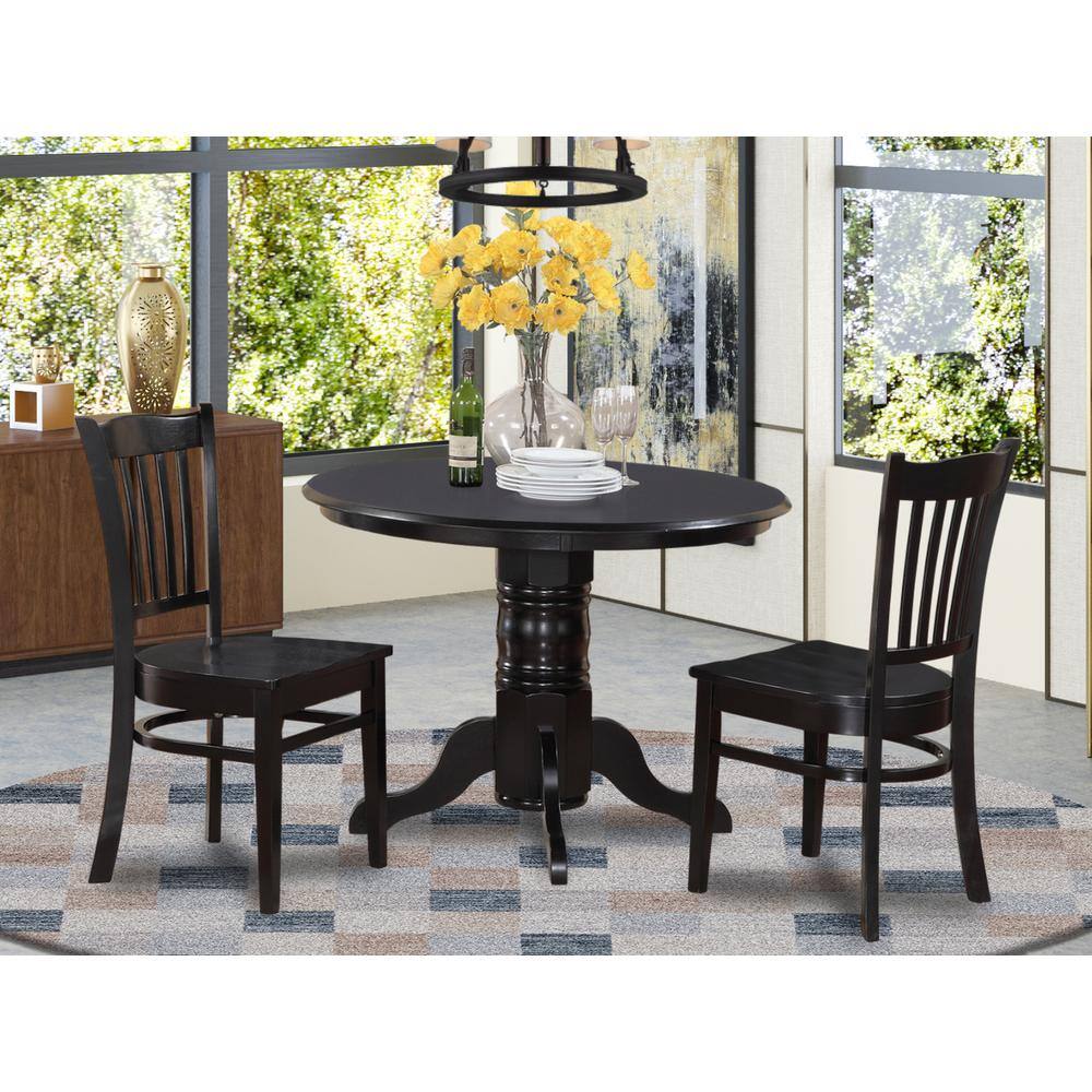 Back. East West Furniture - 3 Pc small Kitchen Table set-Round Table and 2 Kitchen Chairs - Black.