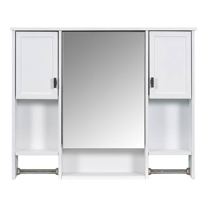 Front. Ecooso - 35x28in Bathroom Mirror Cabinet with Towel Bar, Wall Mounted Storage Organizer - White.