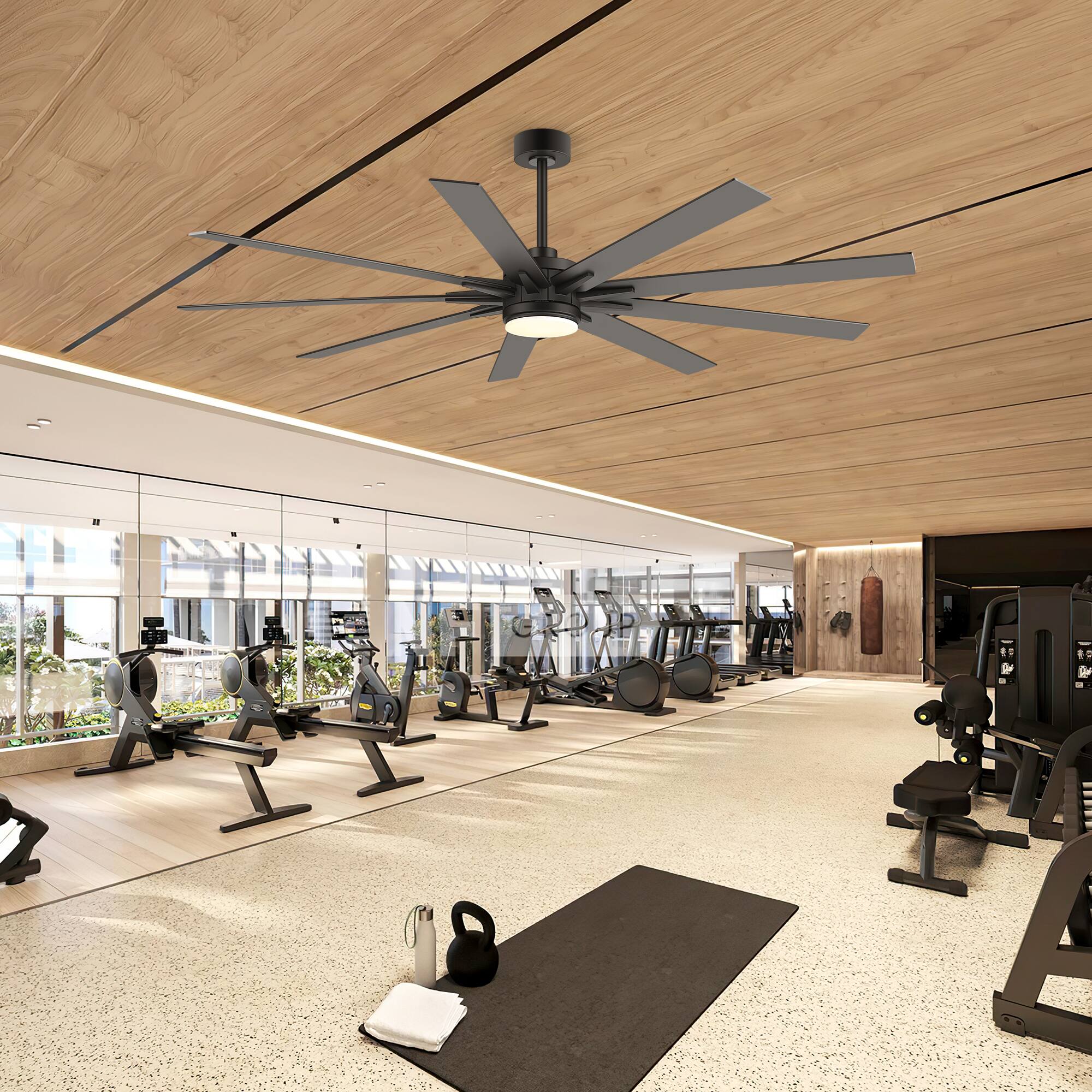 Alt View 4. Breezary - 72/84 Inch LED Ceiling Fan, 9 Blades, 24W LED Light, DC Motor, 6 Speeds, Memory Function, Timer, Remote & Downrod Mount - 72-in Black.