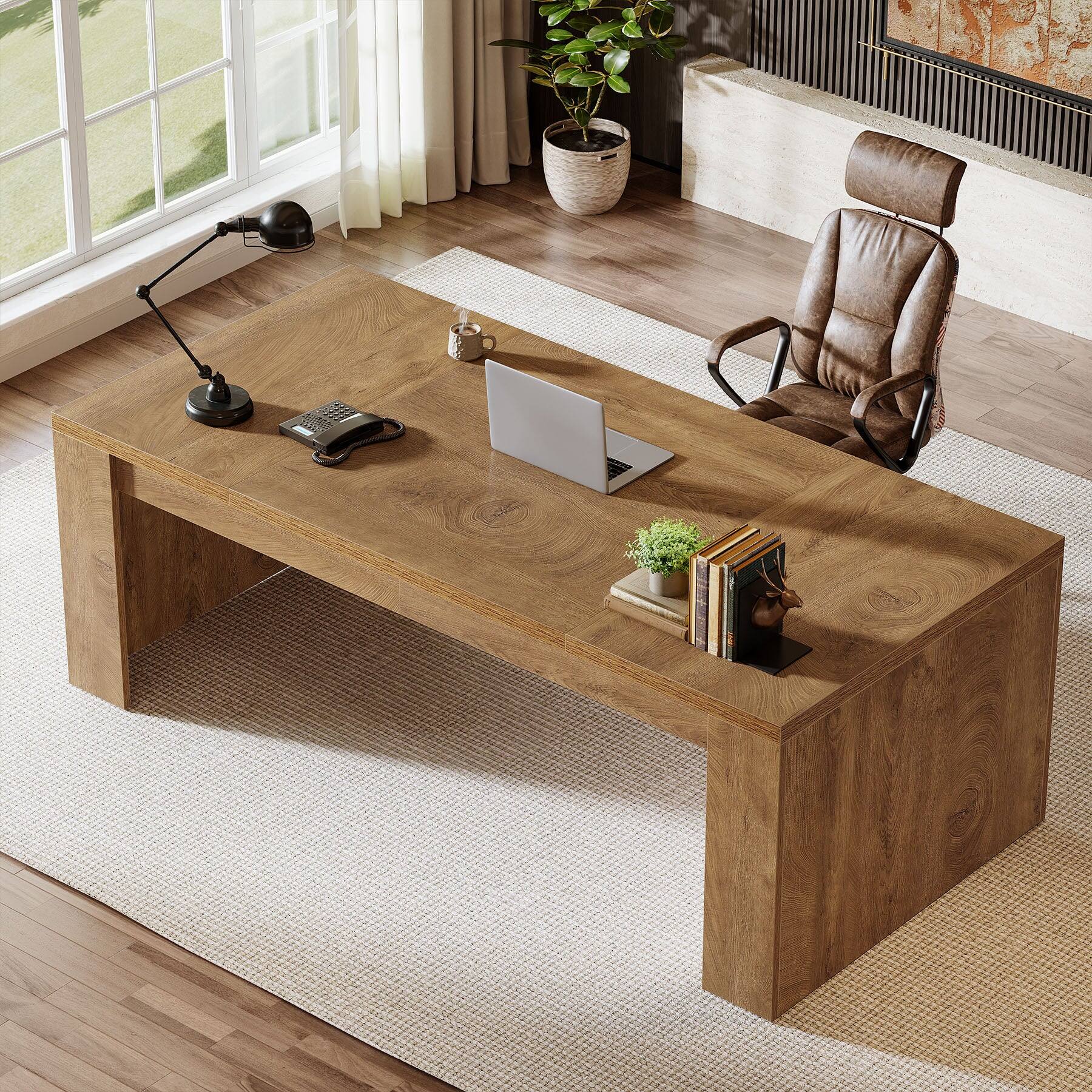 Angle. Tribesigns - Office Executive Desk with Engineered Wood Construction, Pedestal Base, for Computer Work and Writing in Home Offices - Brown.