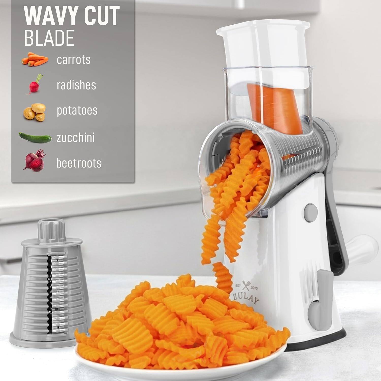 WAVY CUT BLADE

carrots  
radishes  
potatoes  
zucchini  
beetroots  

EST 2015 ZULAY