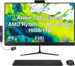 Acer - Aspire All-in-One 27 FHD (AMD Ryzen 7 5825U, 16GB DDR4, 1TB SSD, AMD Radeon, Win 11 Home) w/USB Hub - Black