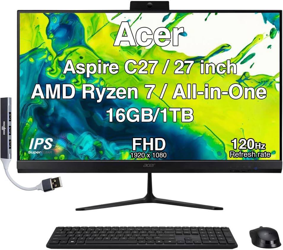 Acer - Aspire All-in-One 27 FHD (AMD Ryzen 7 5825U, 16GB DDR4, 1TB SSD, AMD Radeon, Win 11 Home) w/USB Hub - Black