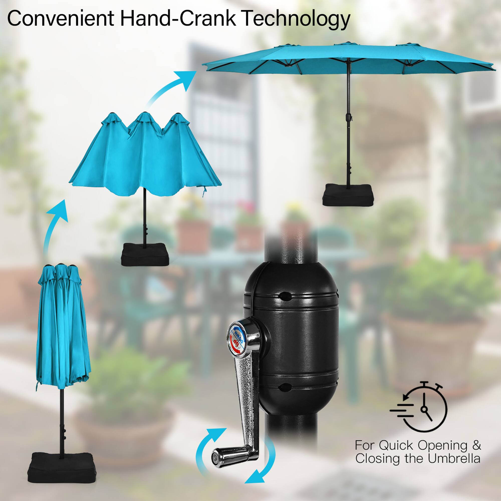 Convenient Hand-Crank Technology

For Quick Opening & Closing the Umbrella