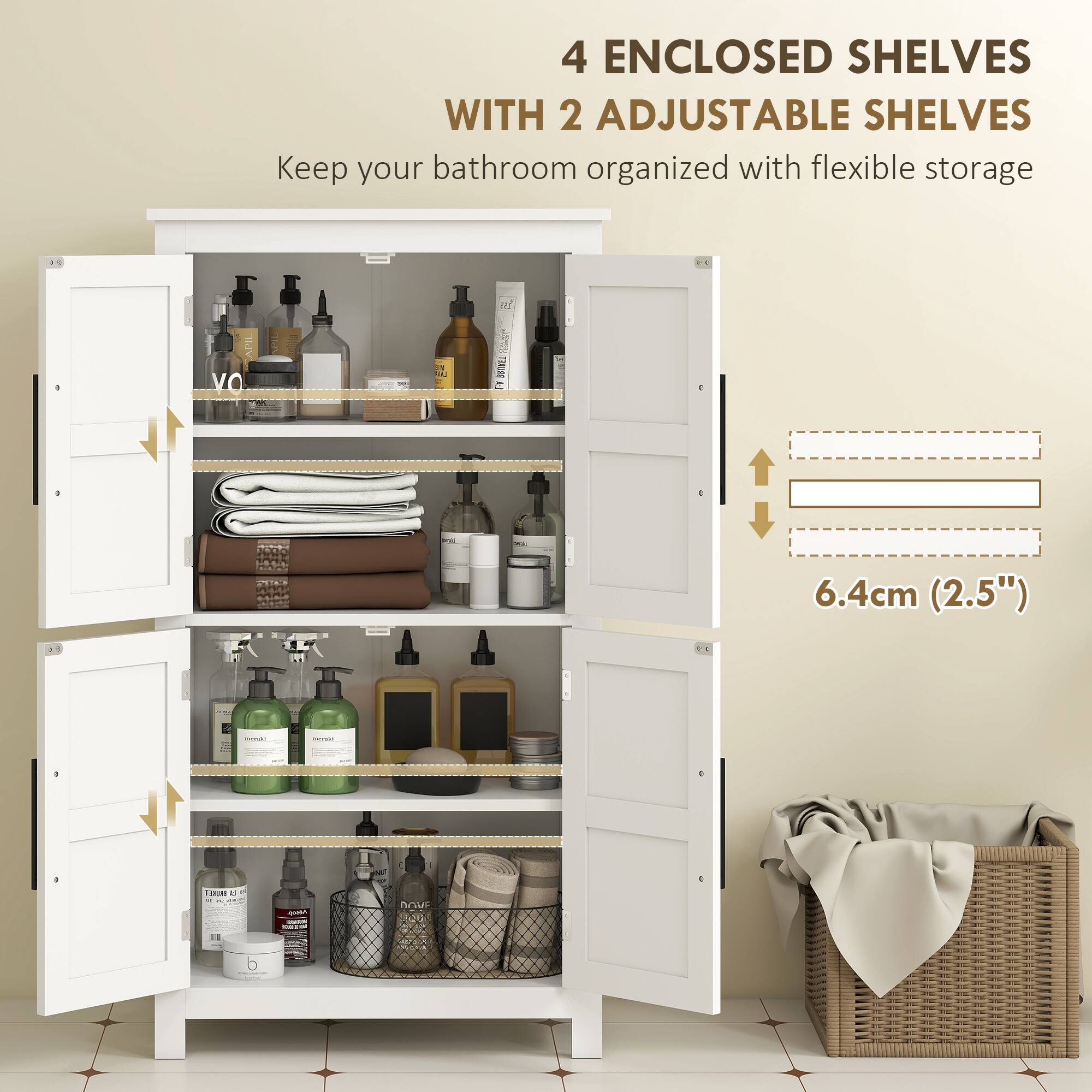 4 ENCLOSED SHELVES WITH 2 ADJUSTABLE SHELVES Keep your bathroom organized with flexible storage 6.4cm (2.5")