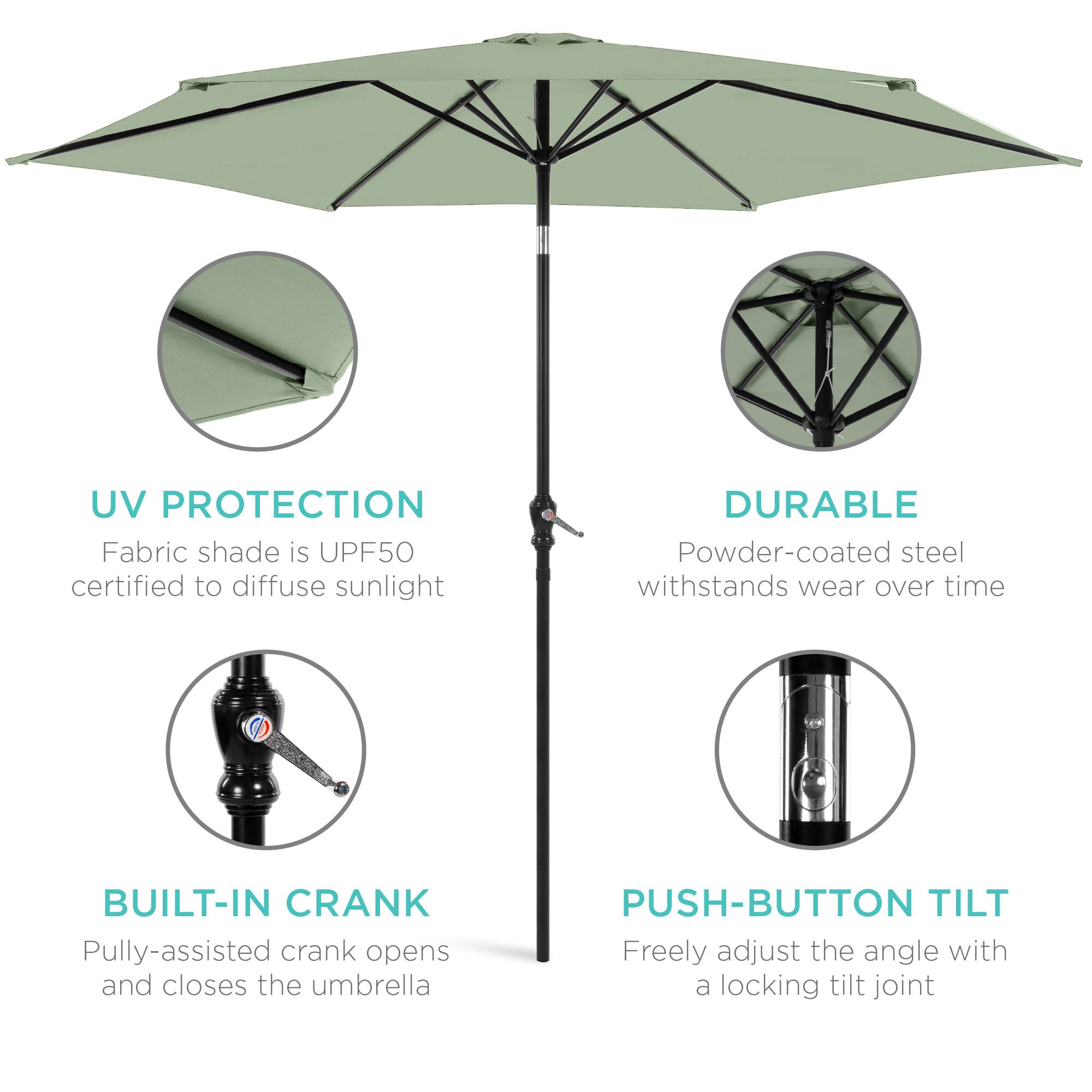 UV Protection: Fabric shade is UPF50 certified to diffuse sunlight.

Durable: Powder-coated steel withstands wear over time.

Built-in Crank: Pulley-assisted crank opens and closes the umbrella.

Push-button Tilt: Freely adjust the angle with a locking tilt joint.