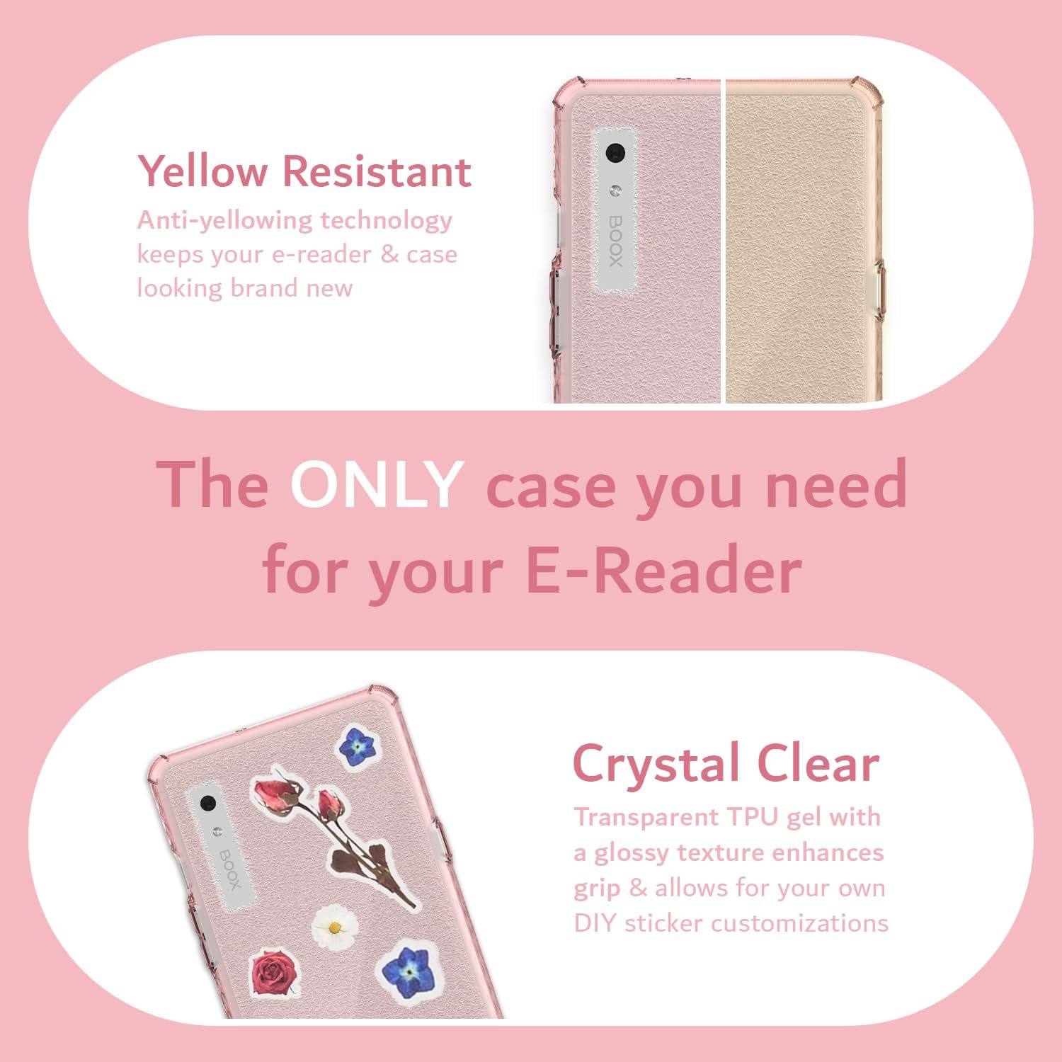 Yellow Resistant  
Anti-yellowing technology keeps your e-reader & case looking brand new  

The ONLY case you need for your E-Reader  

Crystal Clear  
Transparent TPU gel with a glossy texture enhances grip & allows for your own DIY sticker customizations
