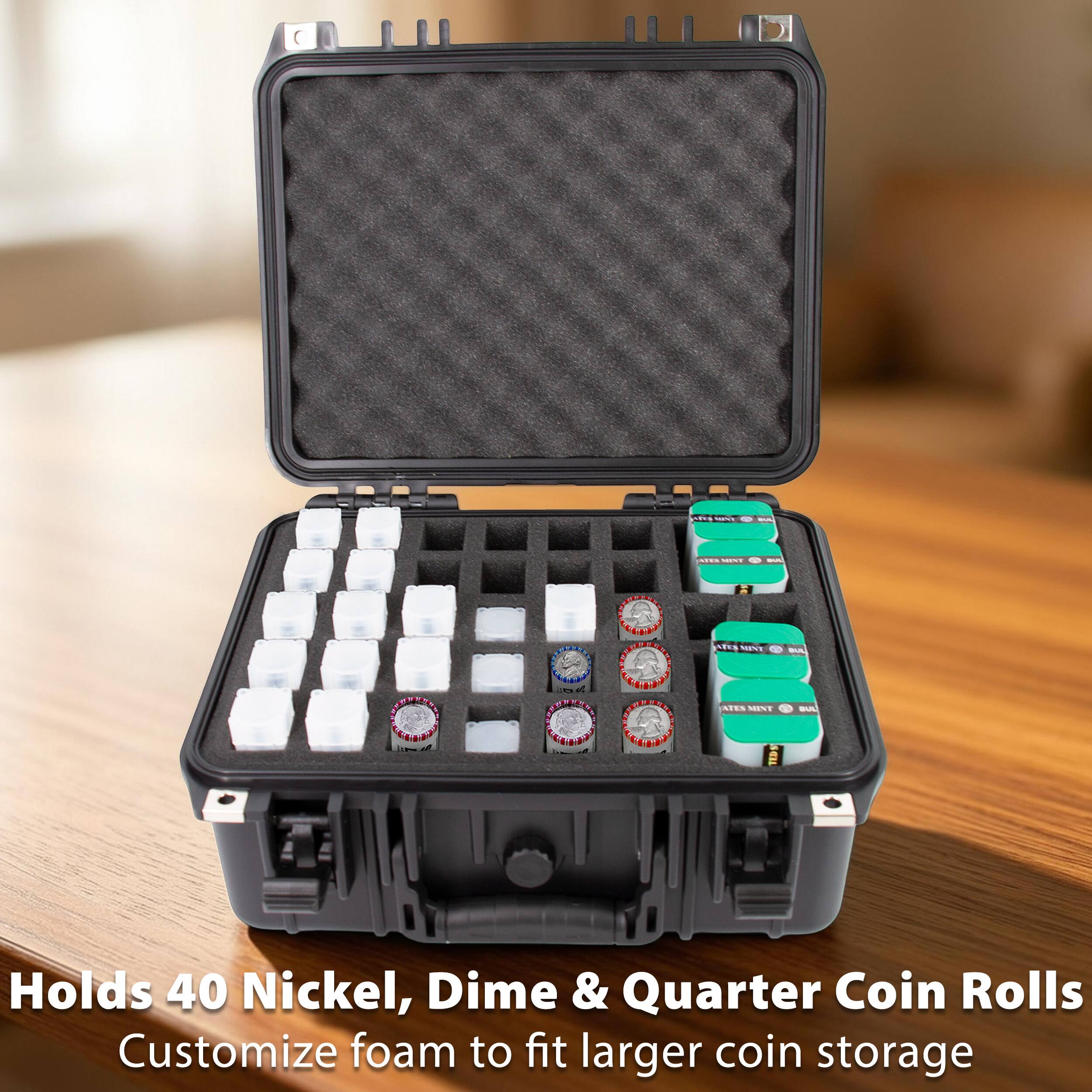 Holds 40 Nickel, Dime & Quarter Coin Rolls  
Customize foam to fit larger coin storage