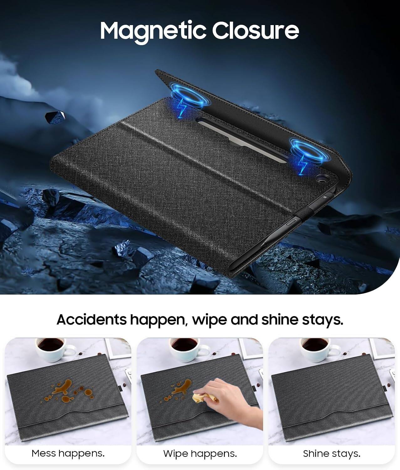 Magnetic Closure

Accidents happen, wipe and shine stays.

Mess happens.
Wipe happens.
Shine stays.