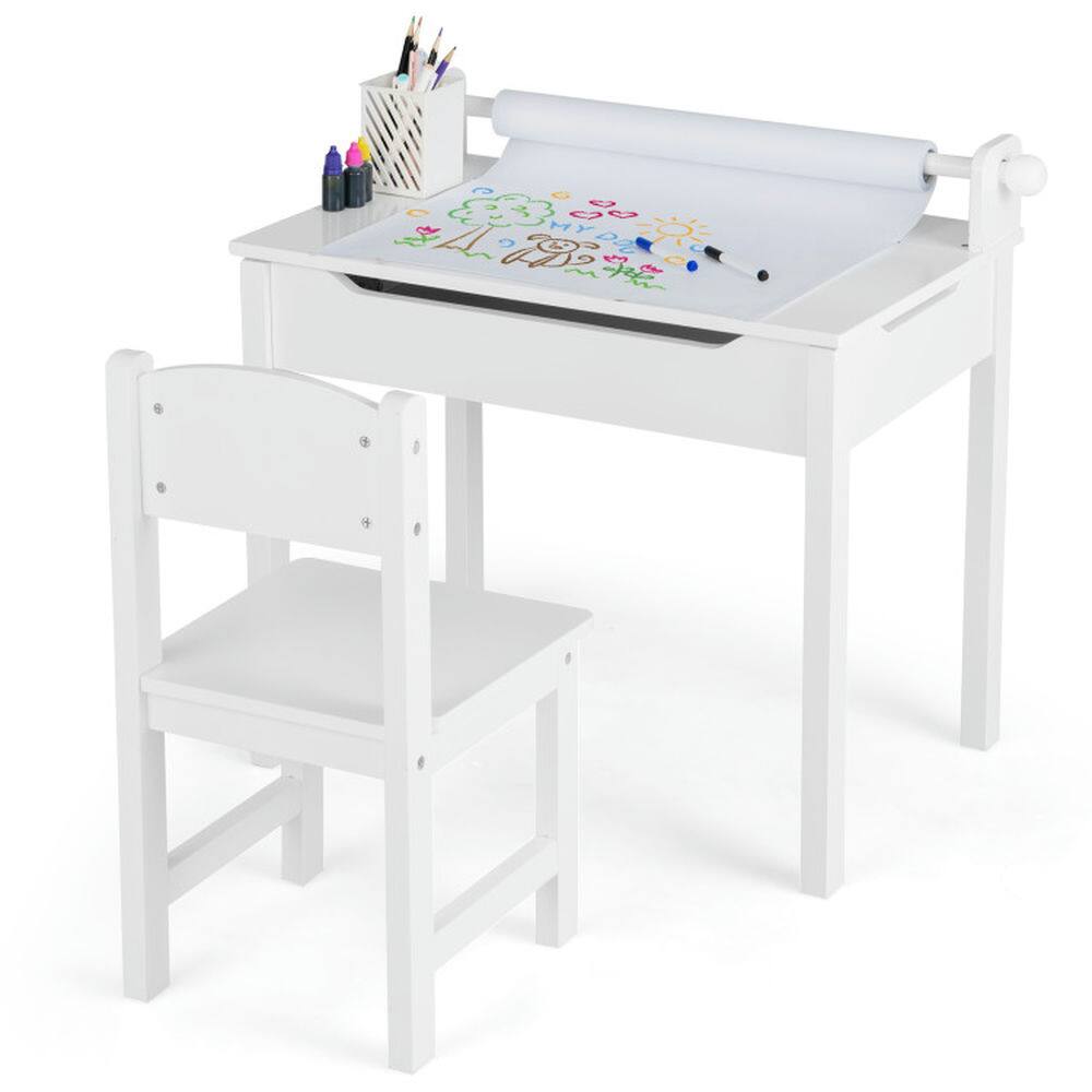Alt View 2. Kadyn - Wooden Kids Table and Chair Set with Storage and Paper Roll Holder-White, Small Folding Table for Arts & Crafts - White.
