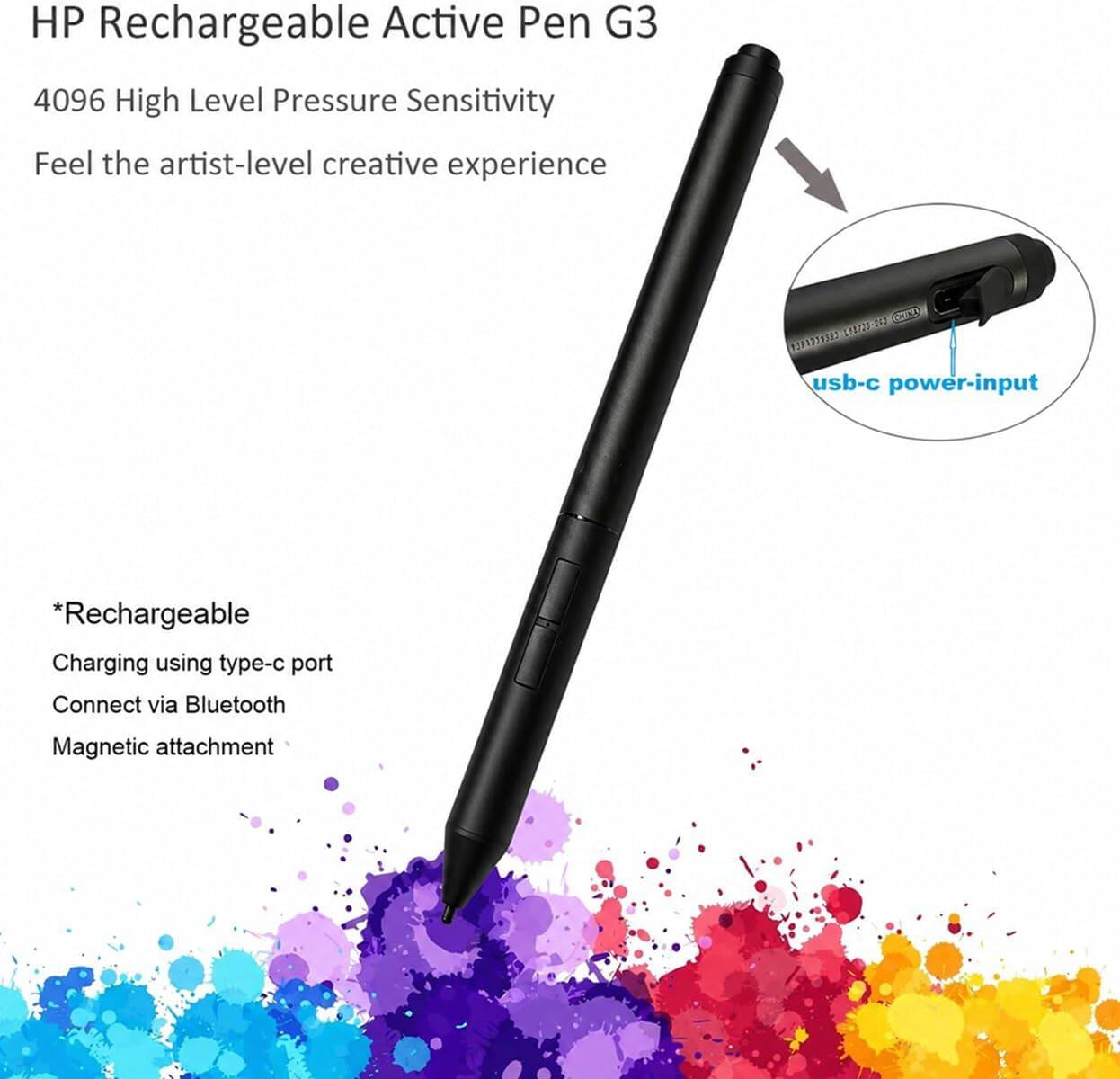 HP Rechargeable Active Pen G3  
4096 High Level Pressure Sensitivity  
Feel the artist-level creative experience  

*Rechargeable  
Charging using type-c port  
Connect via Bluetooth  
Magnetic attachment  

usb-c power-input