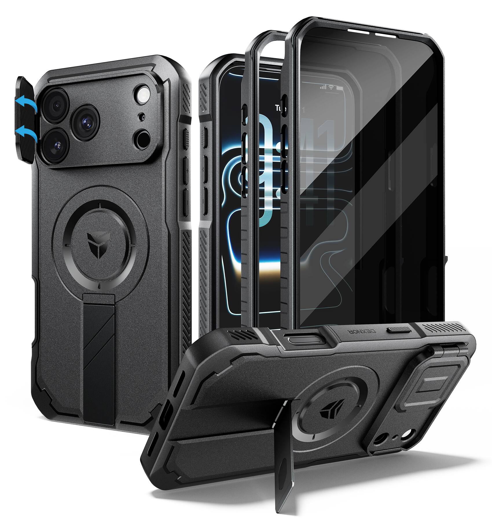 Angle. Dexnor - Rugged Case for iPhone 17 Pro Max /18 Pro Max with Camera Cover & Privacy Screen Protector, Compatible with MagSafe - Black.