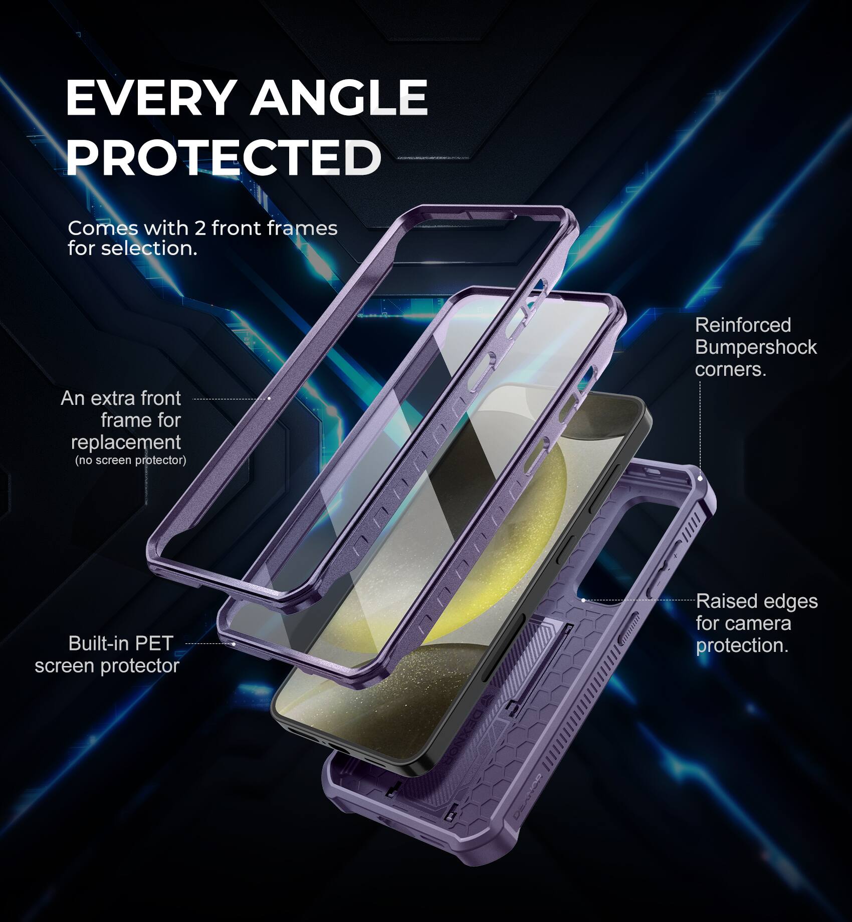 EVERY ANGLE PROTECTED

Comes with 2 front frames for selection.

An extra front frame for replacement (no screen protector)

Reinforced Bumpershock corners.

Built-in PET screen protector

Raised edges for camera protection.