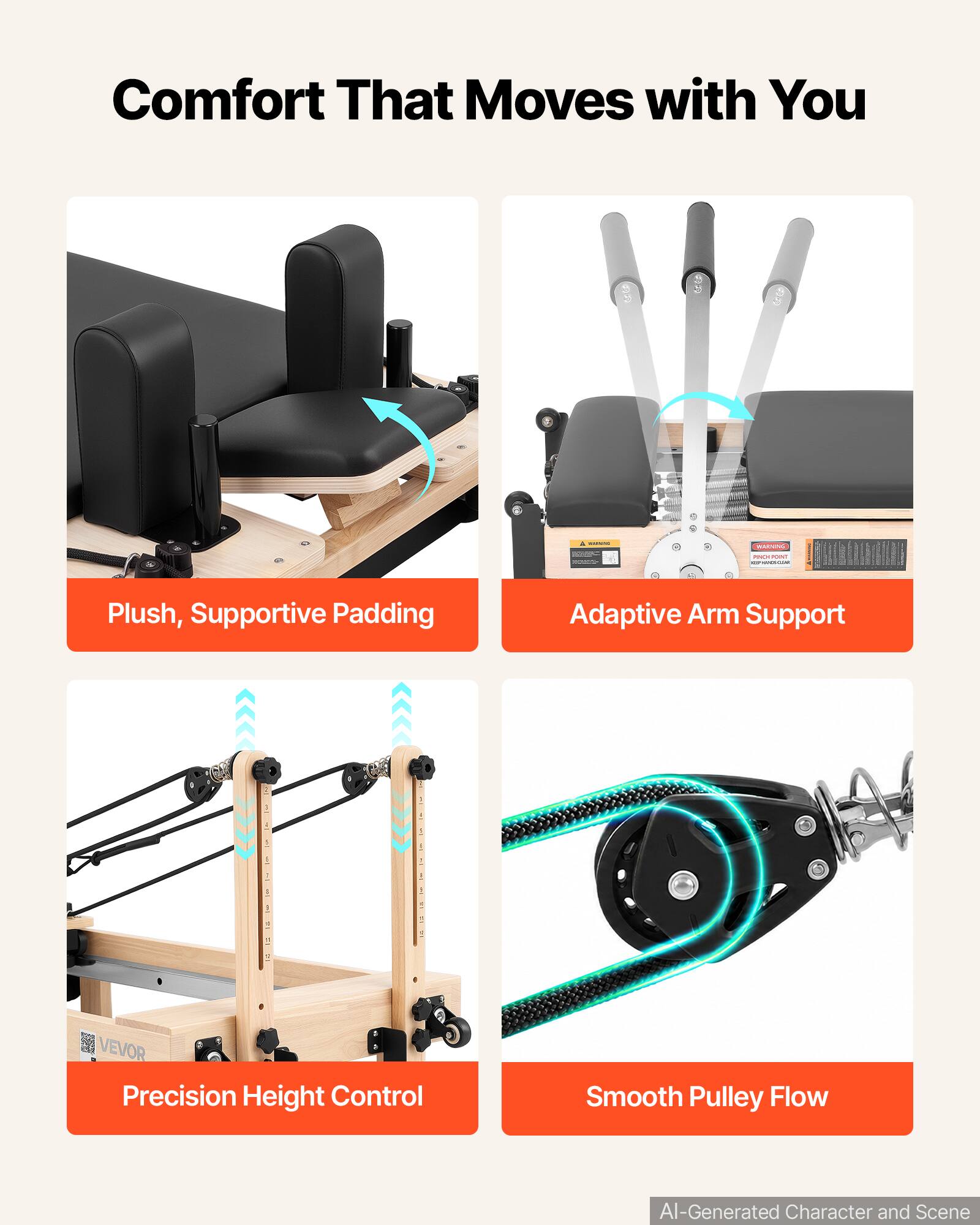 Comfort That Moves with You

- Plush, Supportive Padding
- Adaptive Arm Support
- Precision Height Control
- Smooth Pulley Flow

AI-Generated Character and Scene