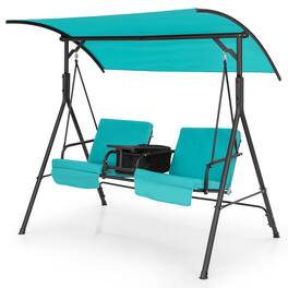 Costway - 2-Person Canopy Porch Swing Padded Chair Cooler Bag Rotatable Tray - Turquoise