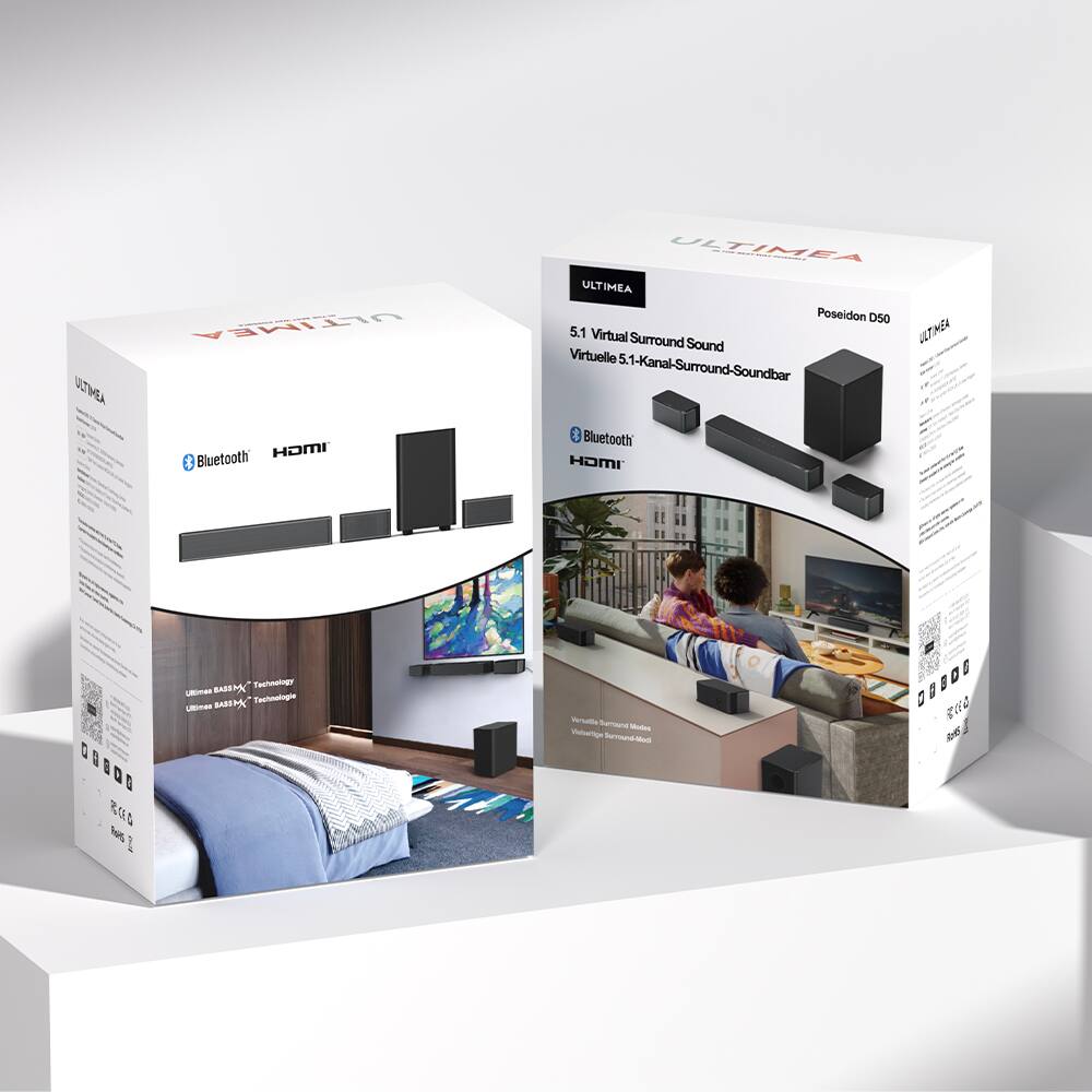 ULTIMEA  
Poseidon D50  
5.1 Virtual Surround Sound  
Virtuelle 5.1-Kanal-Surround-Soundbar  
Bluetooth  
HDMI  

ULTIMEA  
5.1 Virtual Surround Sound  
Virtuelle 5.1-Kanal-Surround-Soundbar  
Bluetooth  
HDMI  

ULTIMEA  
ULTIMEA BASS+ Technology  
ULTIMEA BASS+ Technologie