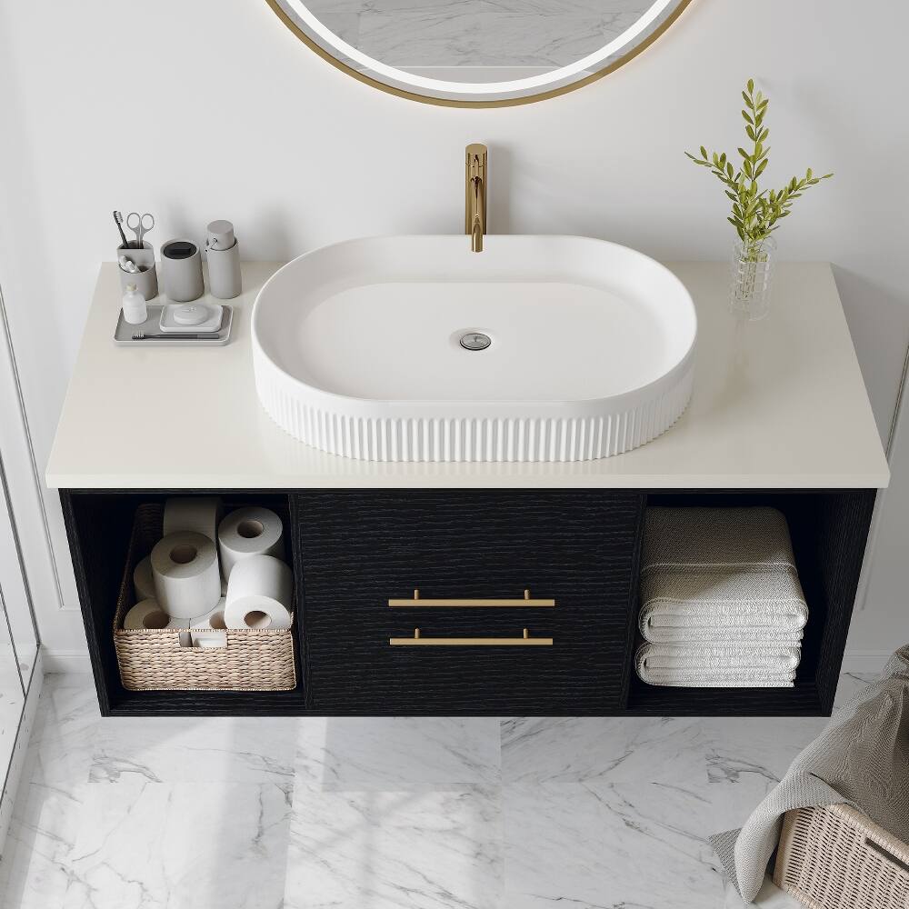 Left. Loheer - Loheer 39.4 Inch Floating Bathroom Vanity with Ceramic Sink Modern Single Sink Cabinet Soft-Close Drawers - Black, Gold, White.