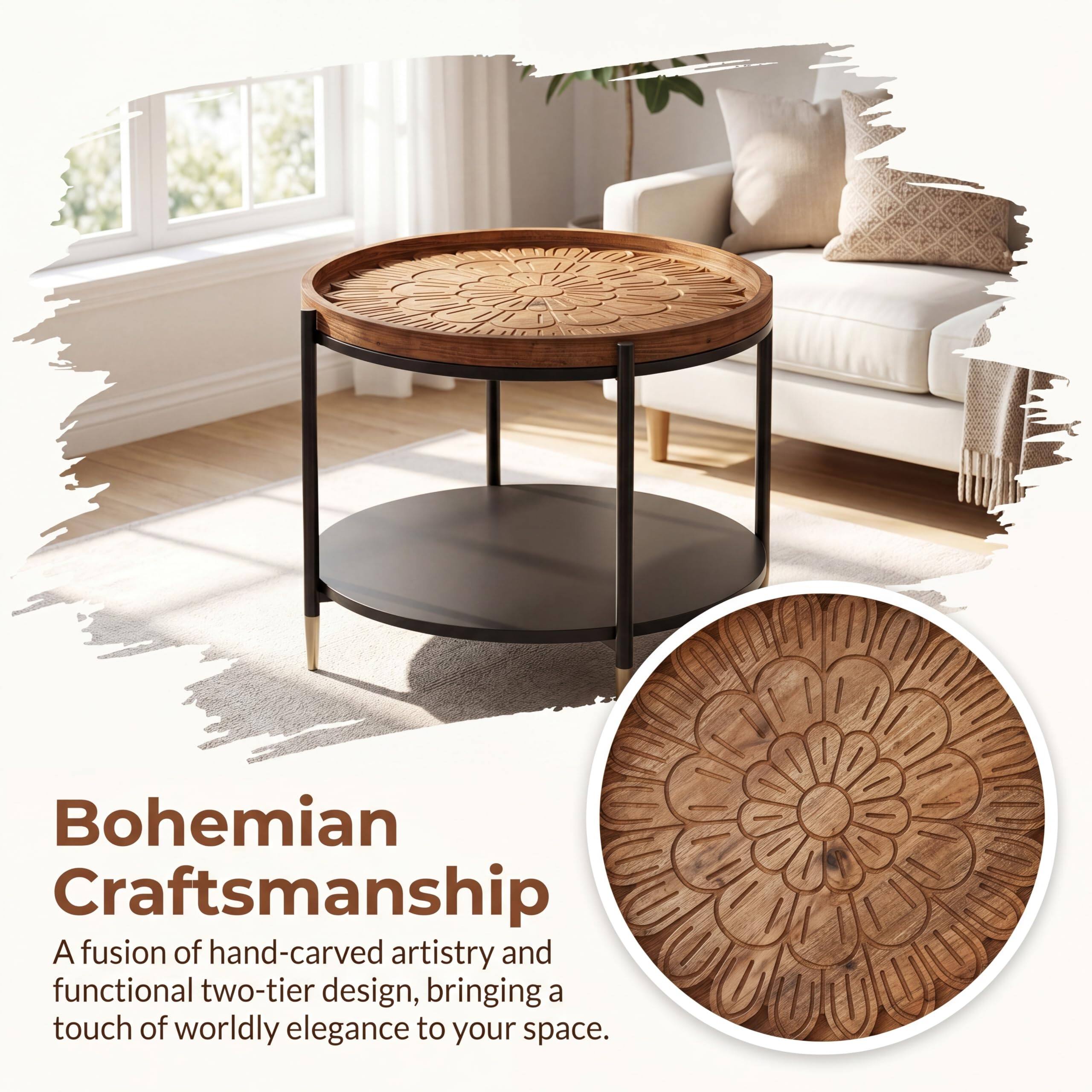 Bohemian Craftsmanship  
A fusion of hand-carved artistry and functional two-tier design, bringing a touch of worldly elegance to your space.