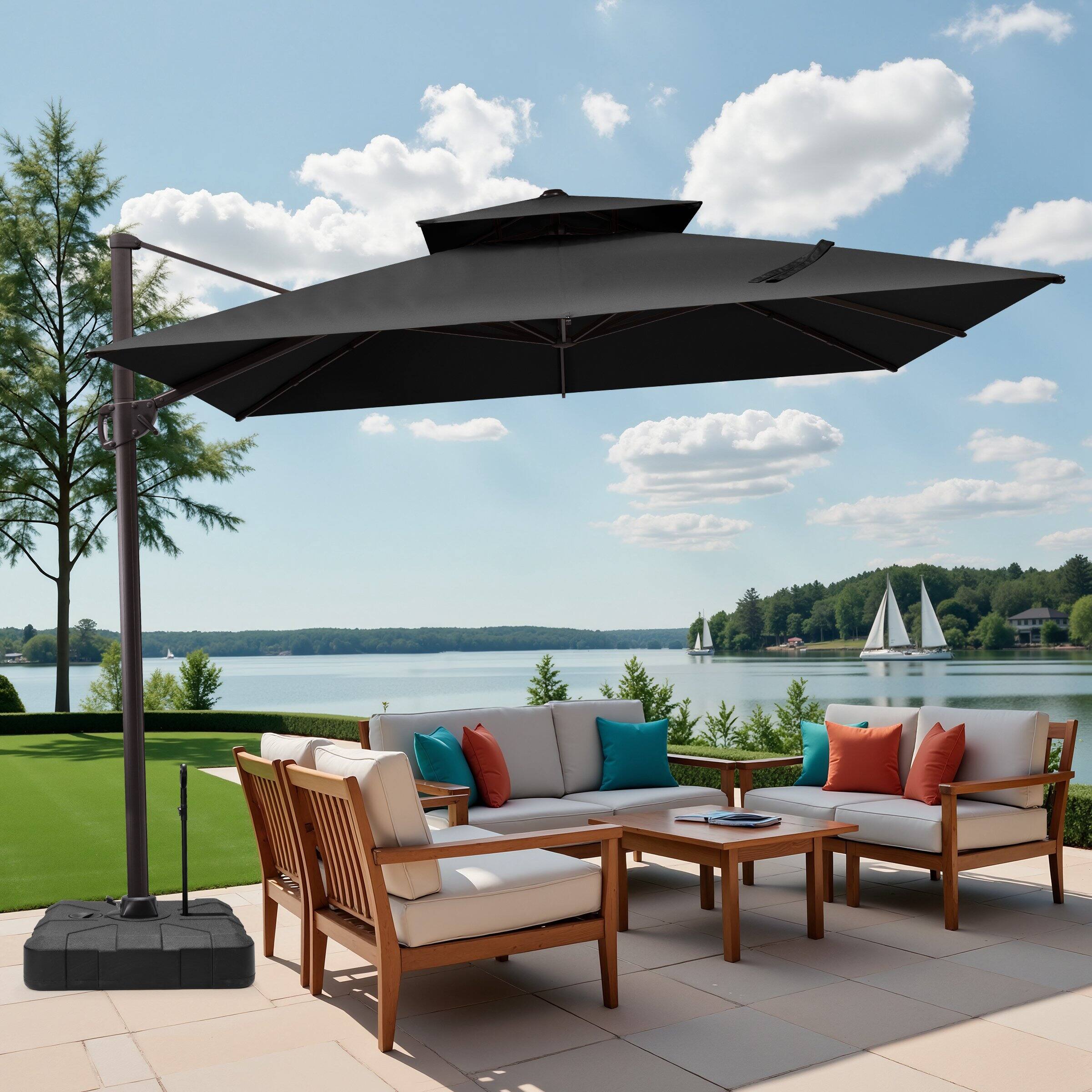 Back. Crestlive Products - Crestlive Products 11ft UPF50+ Aluminum Double Top Slide-tilt Cantilever Patio Umbrella with 350lbs Pull rod Wheel Base - Black.