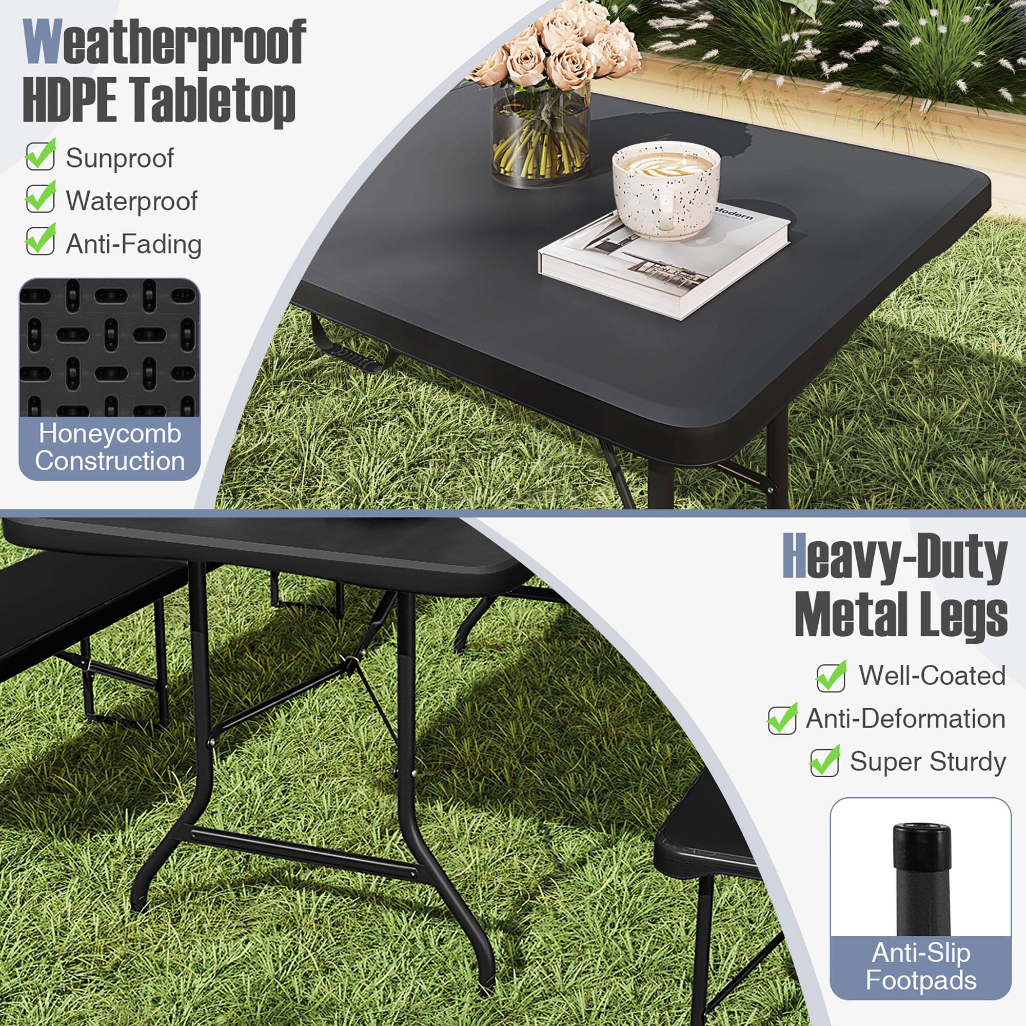 Weatherproof HDPE Tabletop  
- Sunproof  
- Waterproof  
- Anti-Fading  

Honeycomb Construction  

Heavy-Duty Metal Legs  
- Well-Coated  
- Anti-Deformation  
- Super Sturdy  

Anti-Slip Footpads